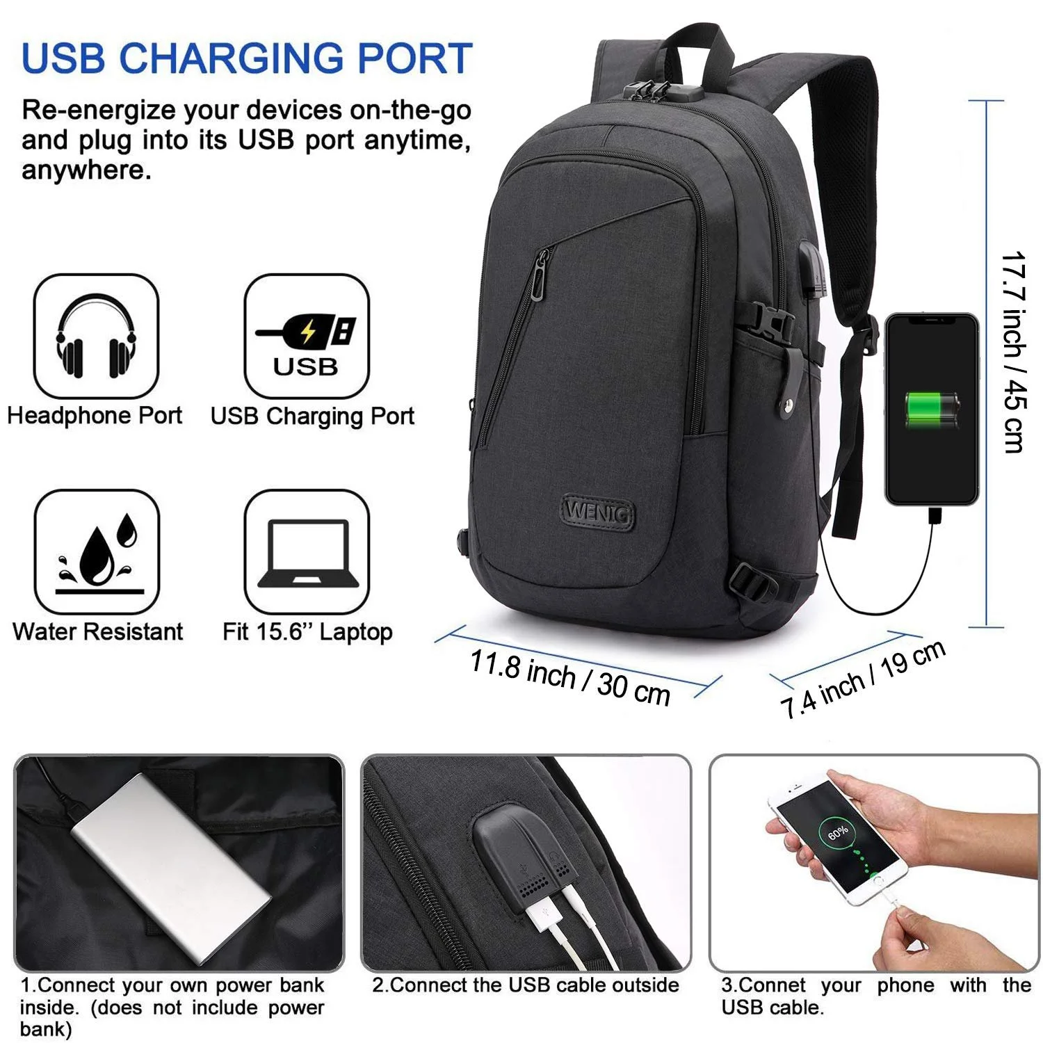 Рюкзак для ноутбука WENIG 15.6 Inch Anti-Theft USB Waterproof Black, фото №2 Рюкзак для ноутбука WENIG 15.6 Inch Anti-Theft USB Waterproof Black, фото №2