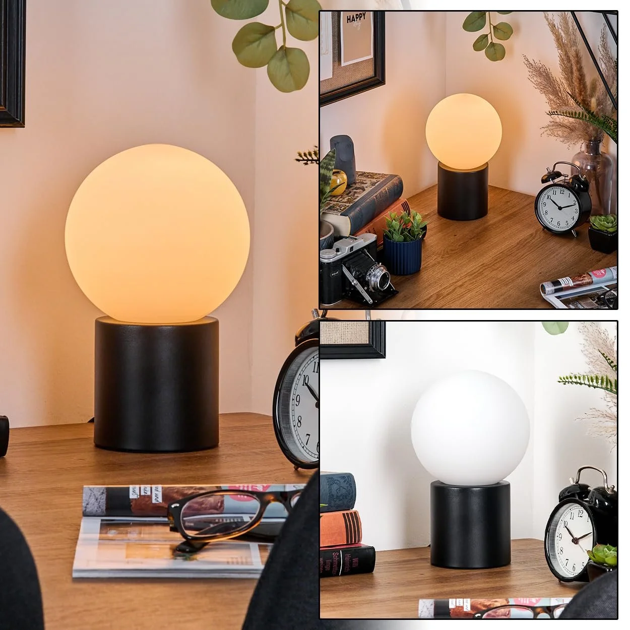 Настільна лампа HOFSTEIN Gastor металева/скляна 15 см E14 чорна/біла матова, фото №1