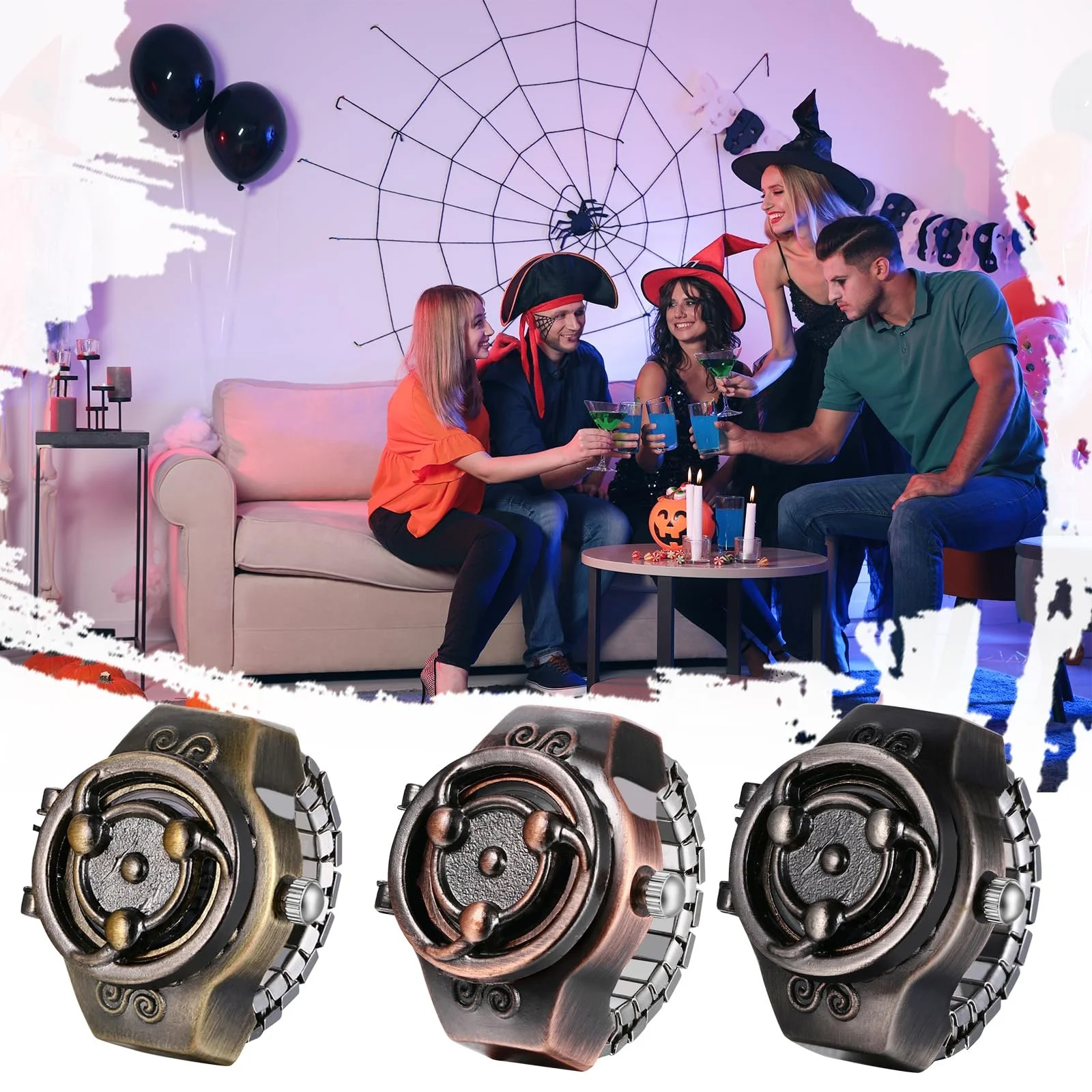 Кільце-годинник чоловічий JewelryWe Кварцовий аналоговий годинник-кільце з еластичним черепом, фото №7