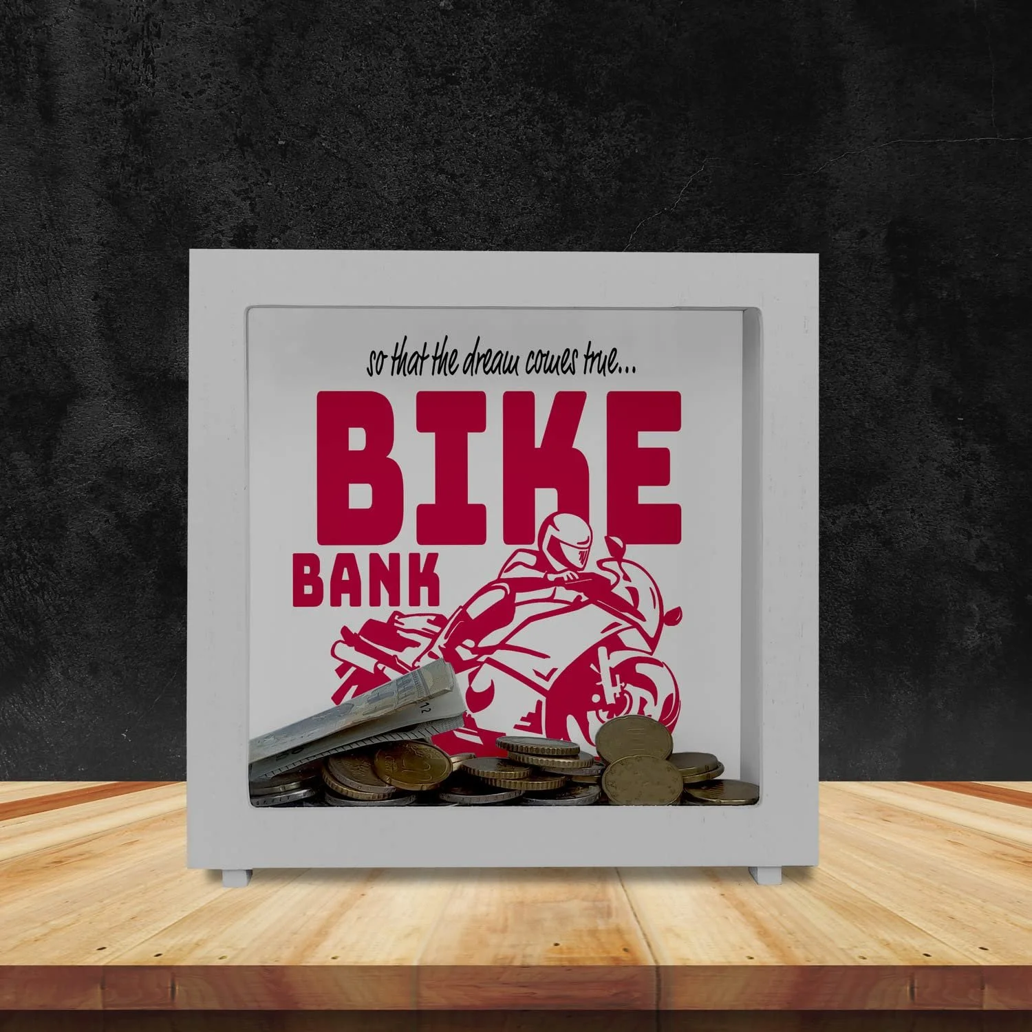 Скарбничка Bike Bank Frame дерев'яна червона мотоцикліст, фото №4