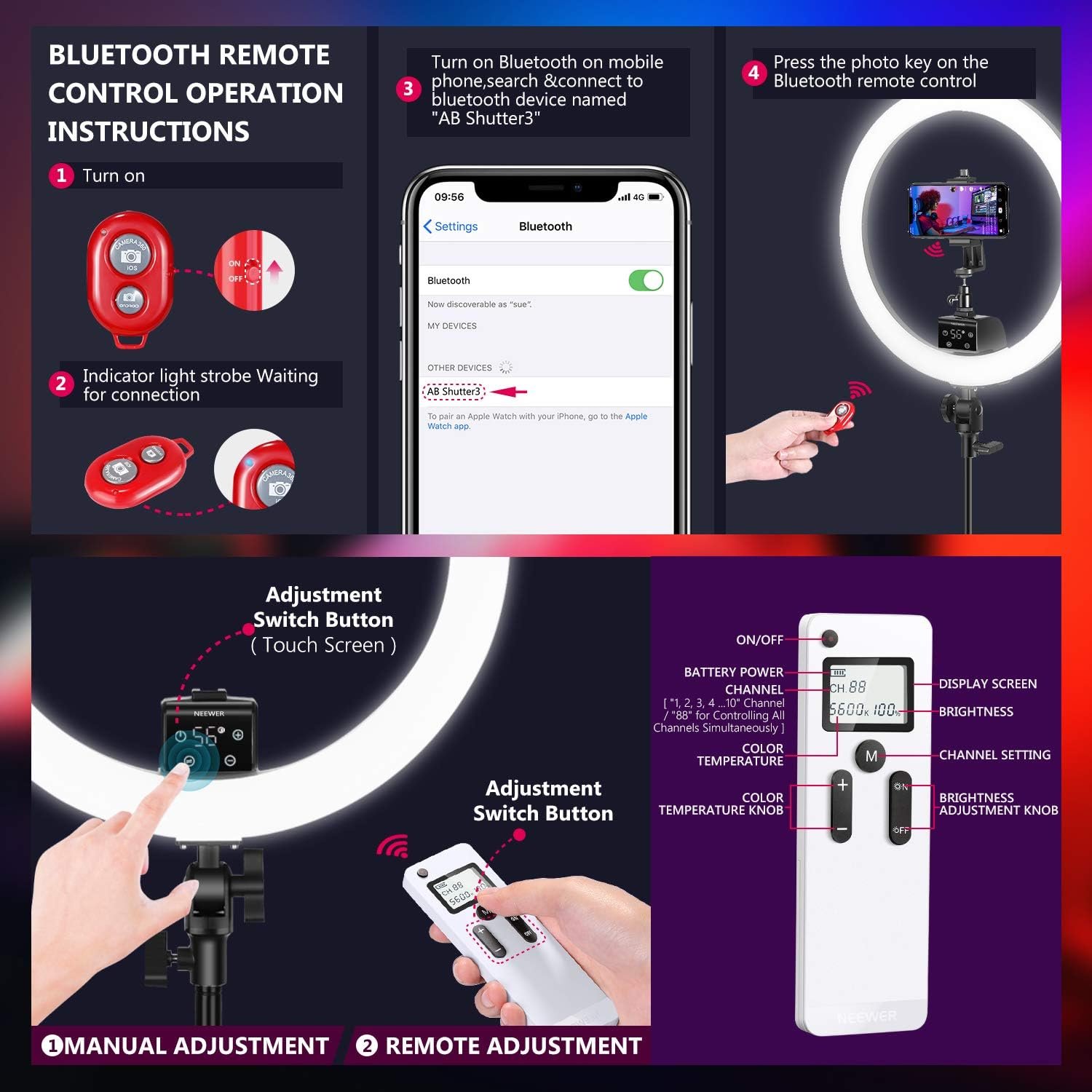 Кільцева лампа Neewer SRP18-2.4G / 18 дюймів / CRI 95+ / Сенсорне та ДУ керування / 3200-5600K / Чорна, фото №4