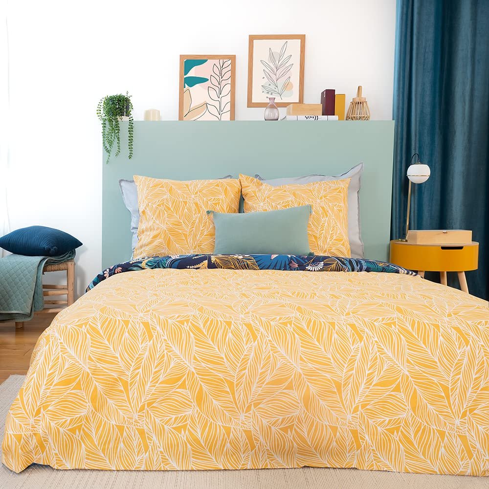 Підковдра CÔTE Deco Tropical Leaves 220 x 240 см + 2 наволочки 63 x 63 см, 100% м'яка бавовна, синій (240 x 220 см), фото №8