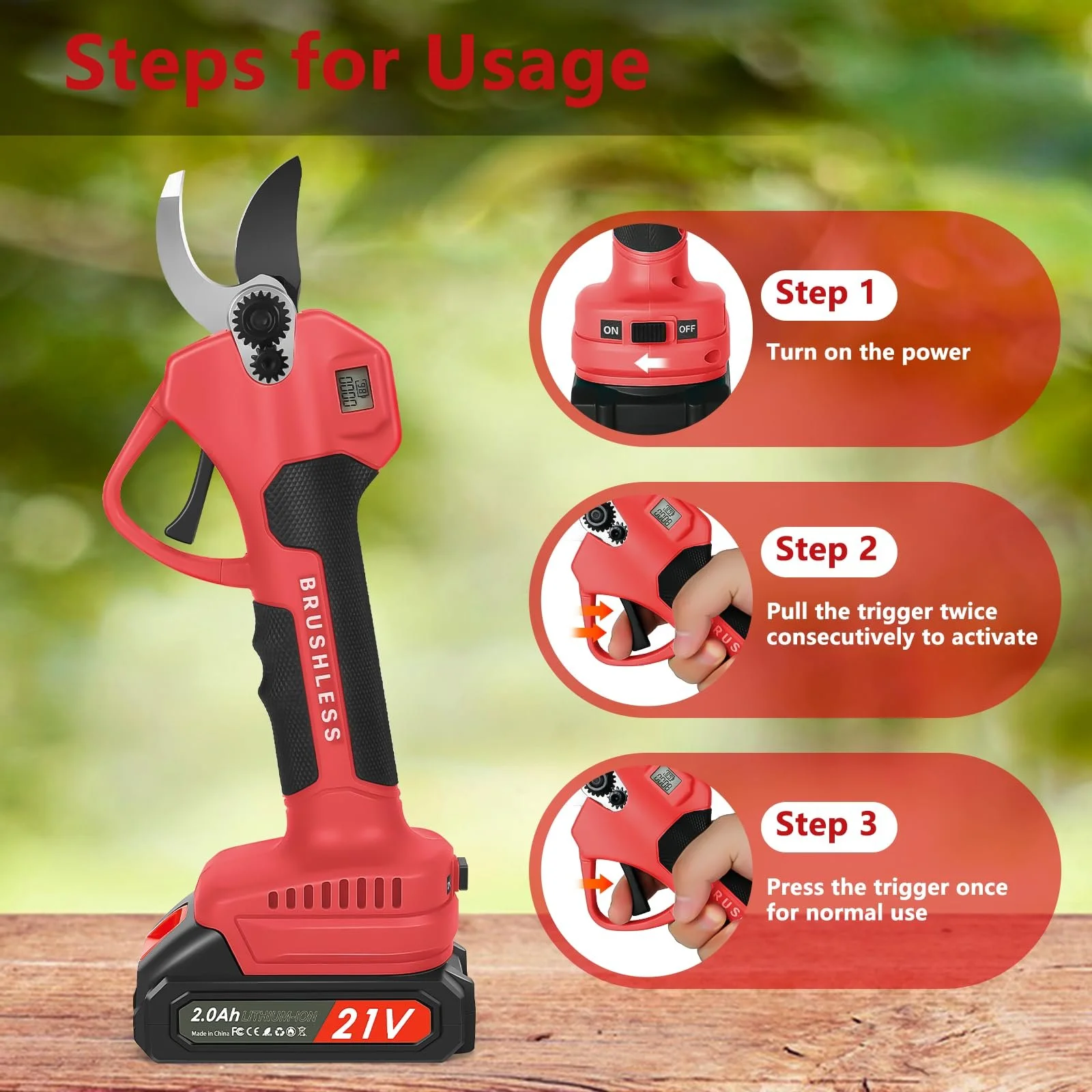 Секатор акумуляторний 40 мм з 2 акумуляторами 21 V 2000 mAh і набором запасних лез, РК-дисплей, безщітковий двигун, червоний, фото №7