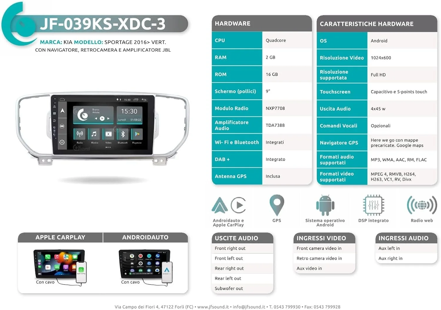Штатна автомагнітола JFSOUND JF-039KS-XDC-3 для Kia Sportage 2016 / 9" / Сенсорна / 2/16Гб / Android 11 / Apple CarPlay / Android Auto / Bluetooth / WI-FI / GPS / USB / DAB+, фото №5