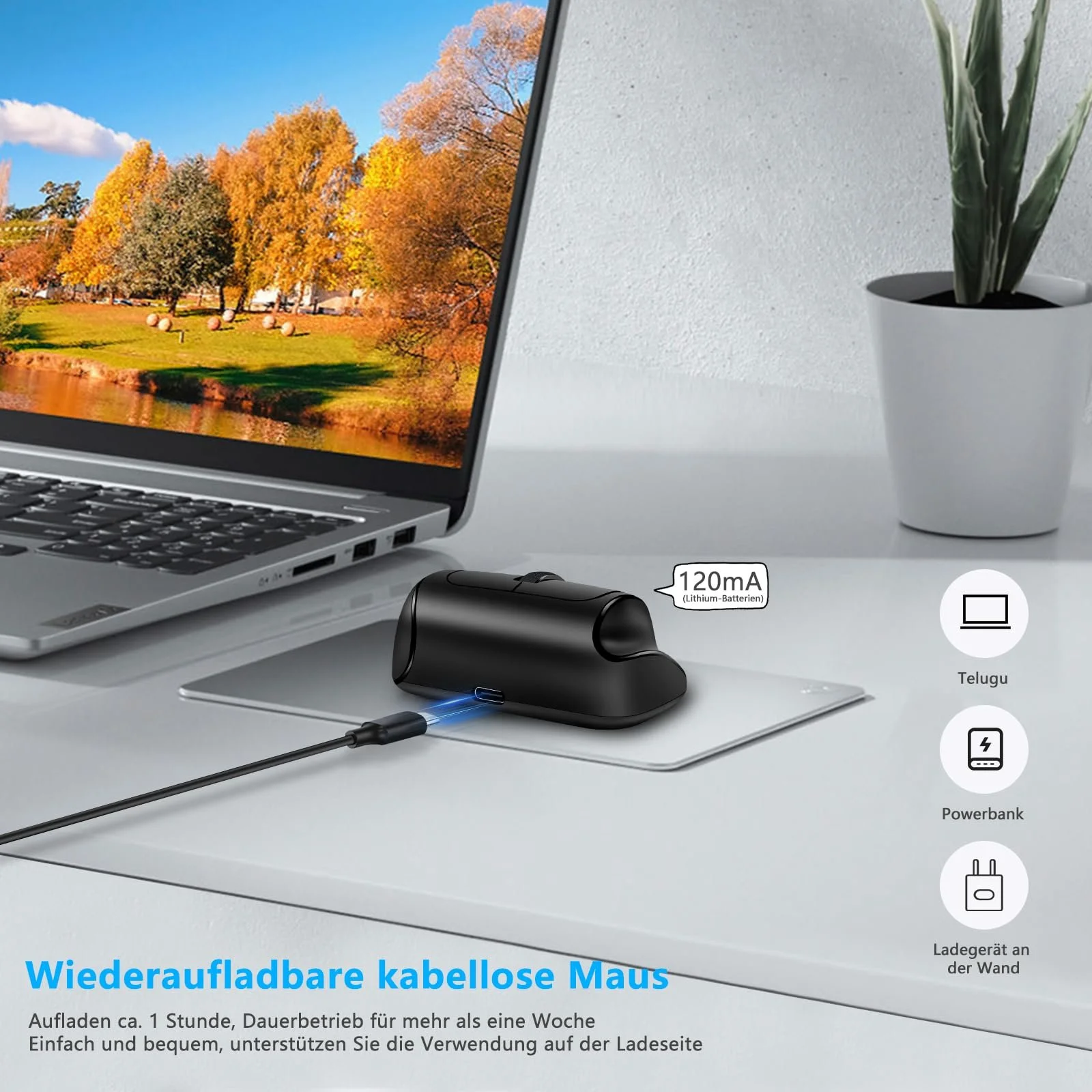 Мышь Bluetooth Horizontal, беспроводная перезаряжаемая (Dual Mode: BT 5.0 + 2.4G) 3200DPI Adjustable, тихая эргономичная для ноутбука, ПК, компьютера / Windows / Mac OS /, фото №4