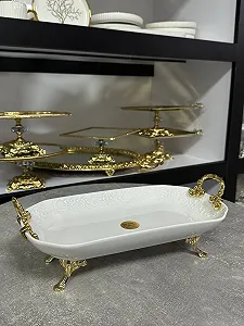 Блюдо из фарфора углубленное на четеох золотых ножках с ручками - Фото 1
