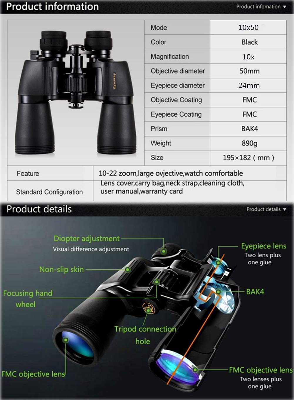 Бинокль DERBUT M3M 10x50 High Magnification Long Range Bak4 Professional Черный, фото №6