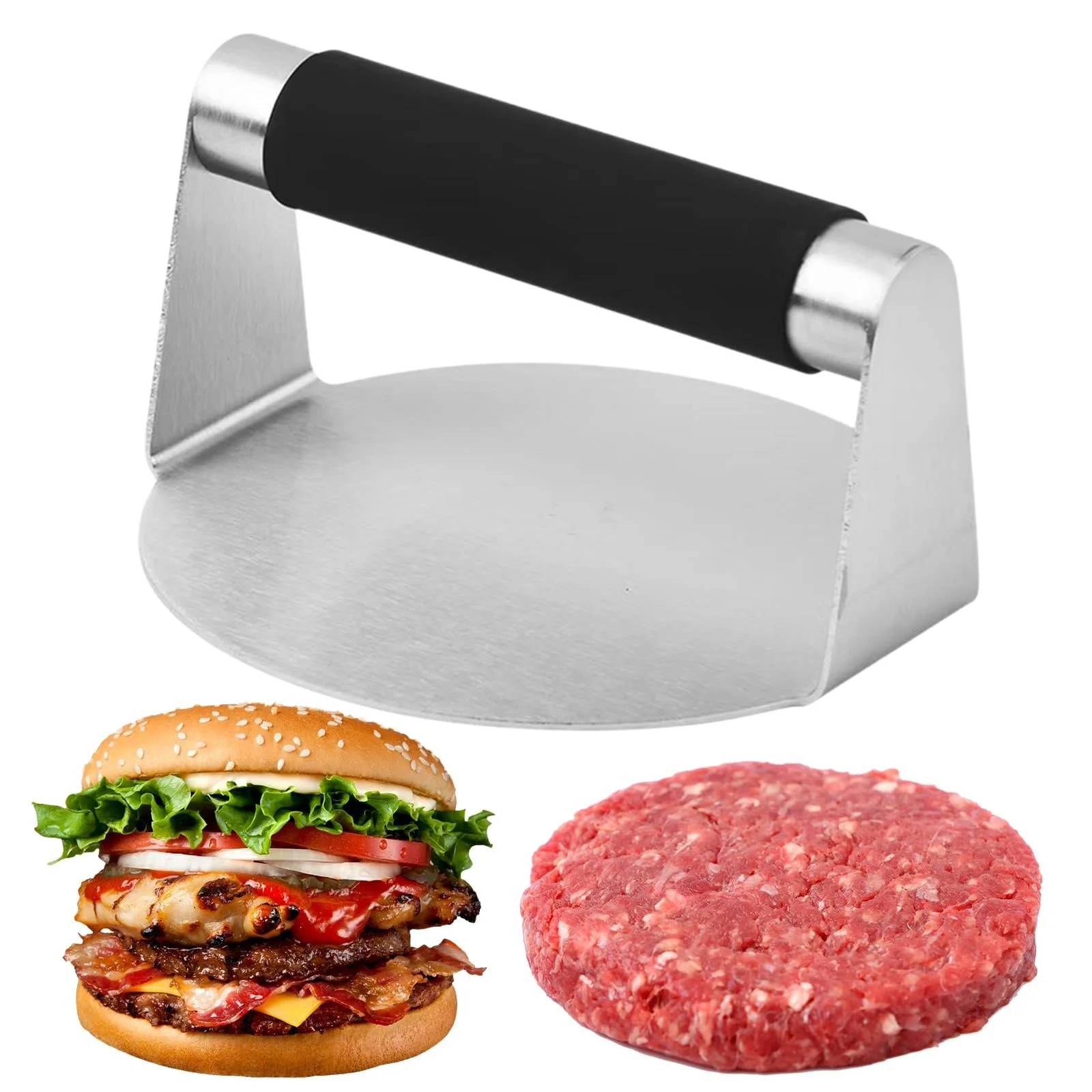 Пресс для бургеров Smash Burger круглый из нержавеющей стали с силиконовой ручкой 14 см, фото №1