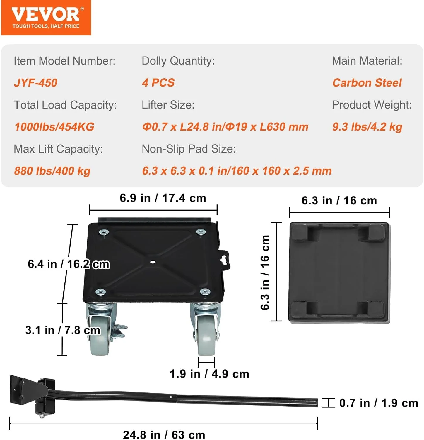 Комплект для переміщення меблів VEVOR JYF-450 / 4 шт + важіль / до 450 кг / Black, фото №6 Комплект для переміщення меблів VEVOR JYF-450 / 4 шт + важіль / до 450 кг / Black, фото №6