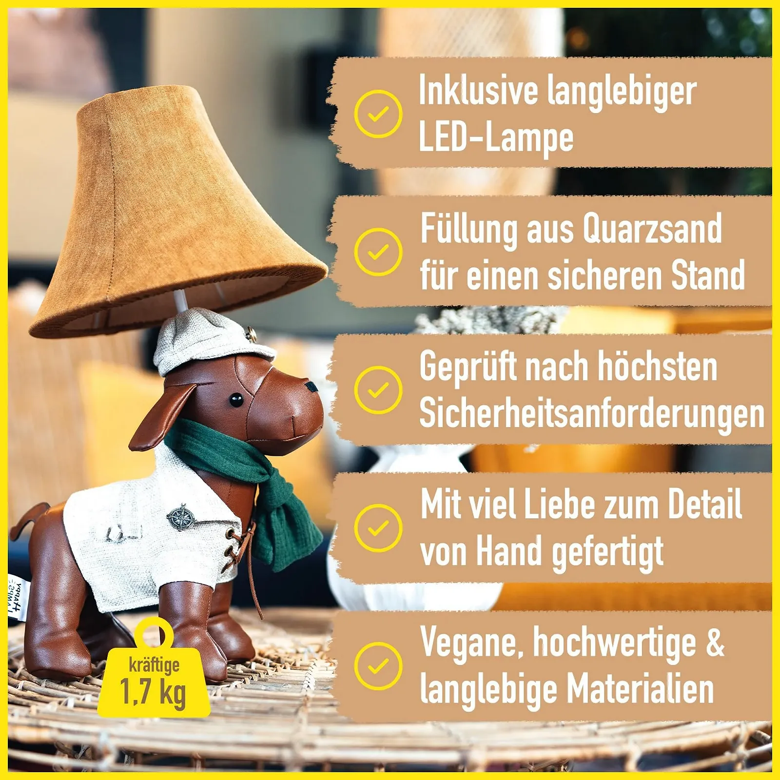 Настільна лампа Happy Lamps Spike LED 48 см Веганська шкіра Ручна робота Собака, фото №3