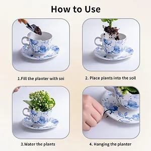 Подвесное кашпо Керамическое Дизайн чашки с блюдцем 16 см Ретро синий цветочный узор synthetic.ua - Фото 1