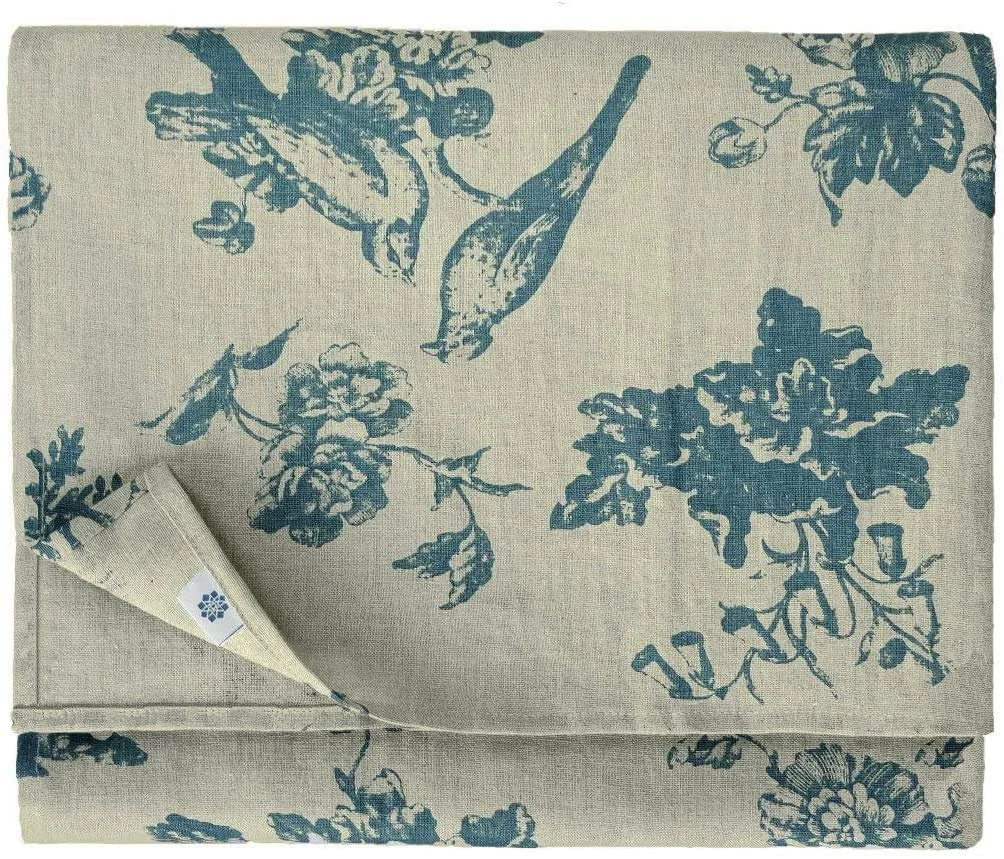 Скатертина Linen & Cotton Flores 100% льон Flower Motif Beige Blue 140 x 200 см, фото №1