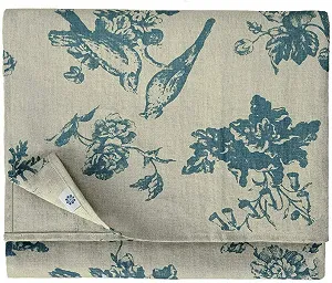 Скатертина Linen & Cotton Flores 100% льон Flower Motif Beige Blue 140 x 200 см - Фото 1