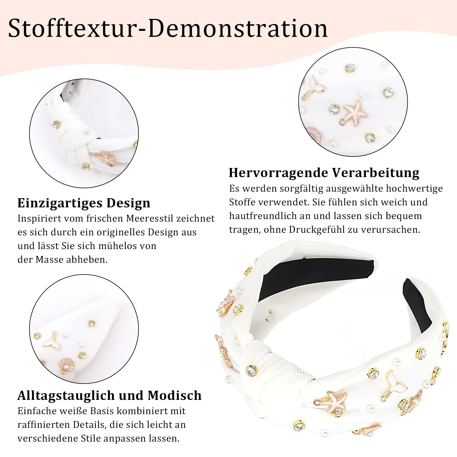 Обруч для волосся у морському стилі з вузлом, мушлями, морською зіркою та перлами для жінок, фото №3