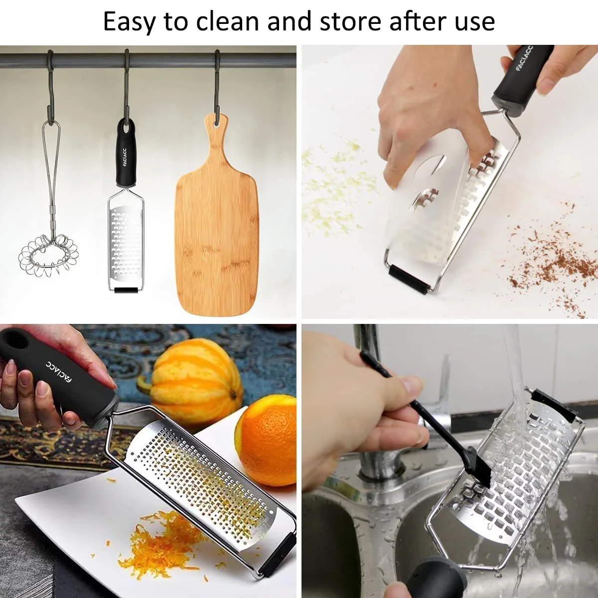 Терка FACIACC для сиру, лимонів, шоколаду, овочів, фруктів, часнику та імбиру, лезо з нержавіючої сталі з гумовою ручкою, чорний (2 шт. в упаковці), фото №5 Терка FACIACC для сиру, лимонів, шоколаду, овочів, фруктів, часнику та імбиру, лезо з нержавіючої сталі з гумовою ручкою, чорний (2 шт. в упаковці), фото №5