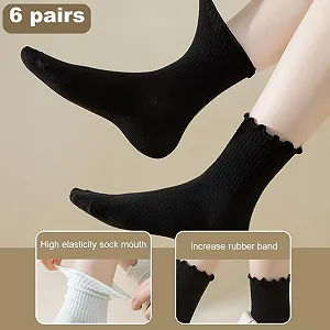 Носки с рюшами Женские носки с рюшами Хлопковые вязаные носки Crew для женщин и девушек, 35-41, Черно-белые (6 пар) synthetic.ua - Фото 1