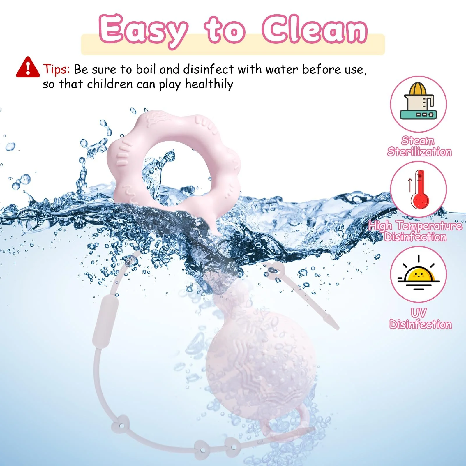 Брязкальце Tikplus Montessori Кільце-прорізувач для немовлят 0-6 місяців, Силіконова іграшка для захоплення, Рожевий, фото №6