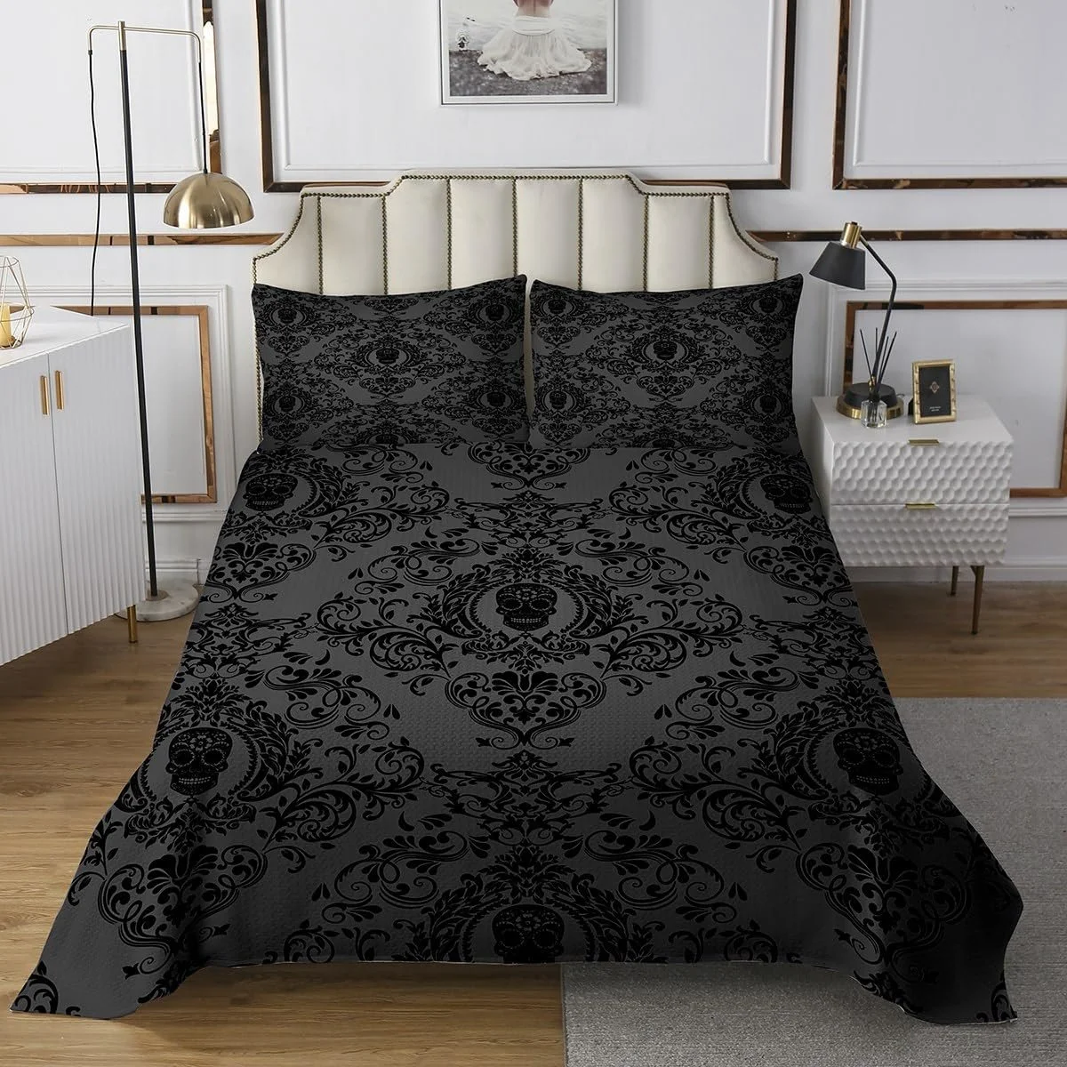 Покрывало Homemissing Винтажный Дамаск Цветочный Хлопковый Черный 240 x 260 см, 3 штуки, фото №2