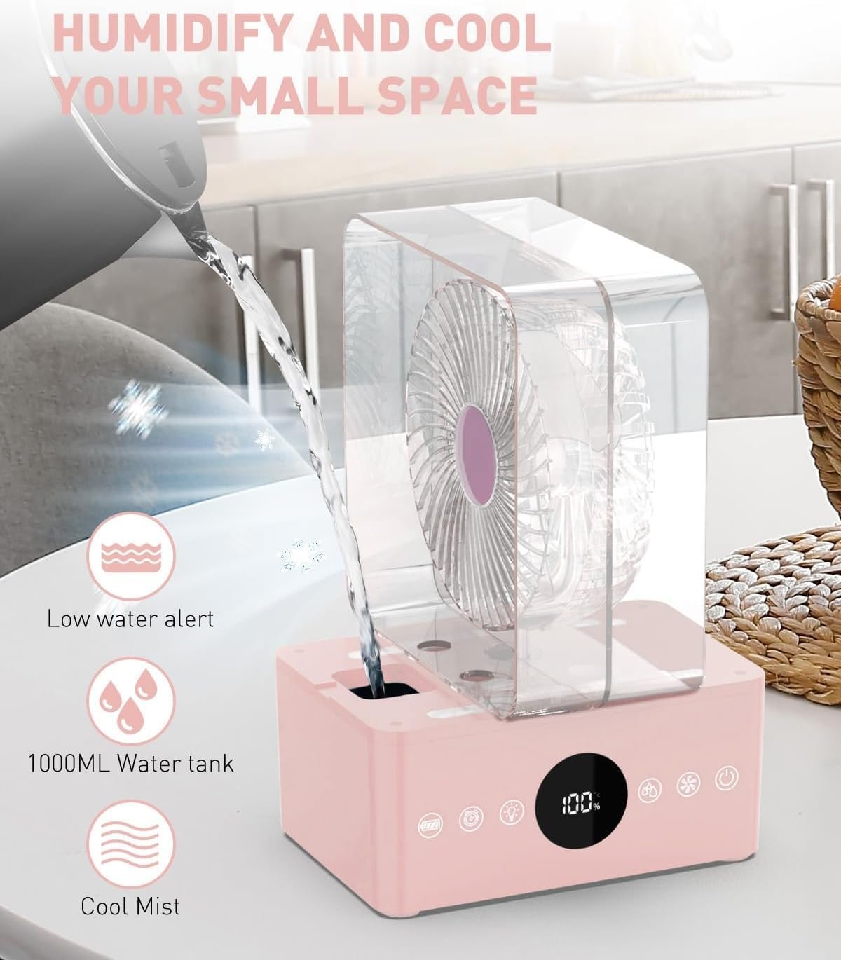 Мобільний кондиціонер 4-в-1 з водяним охолодженням 1000 мл 3 швидкості Таймер Підсвічування Акумулятор 3600 mAh, фото №2