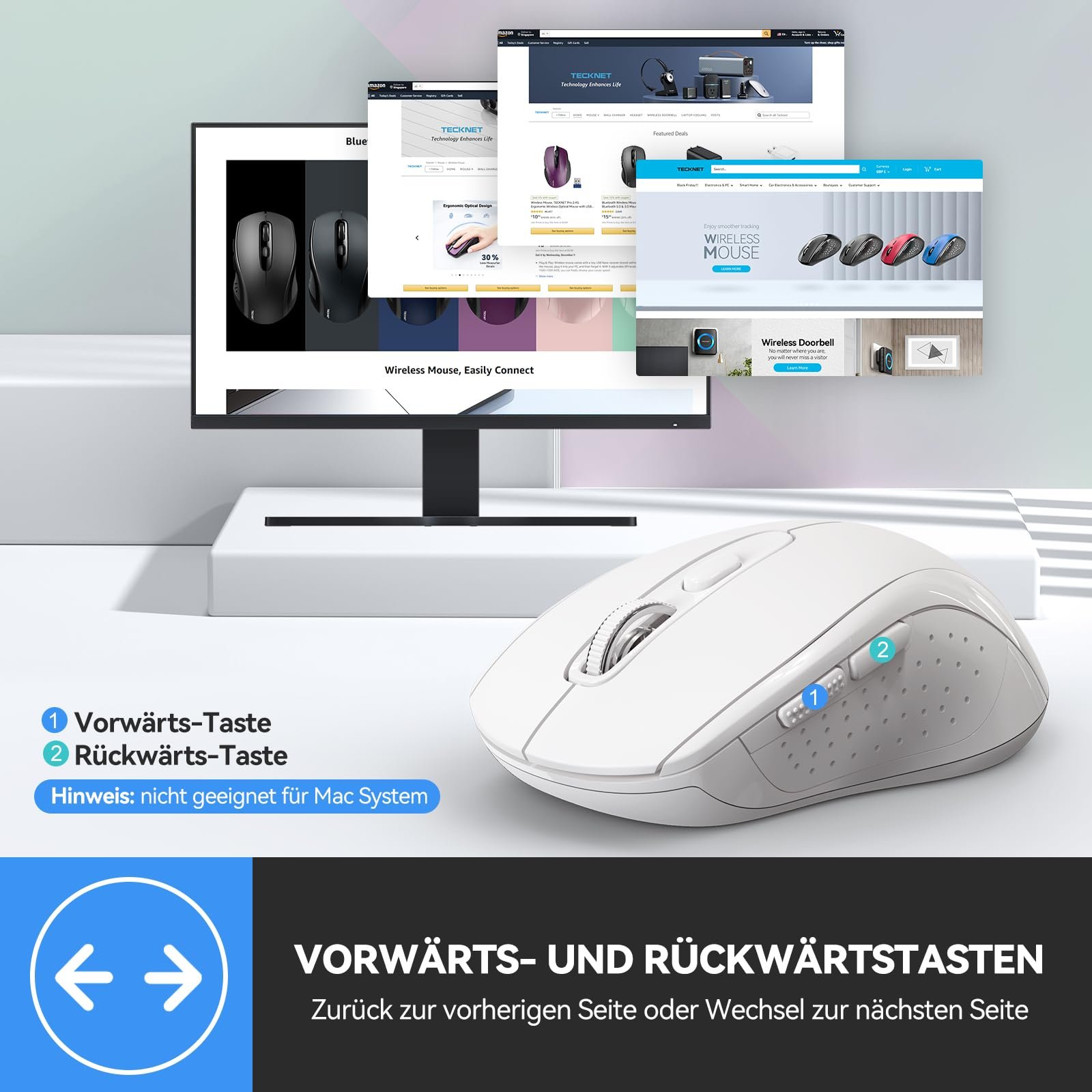 Мышь TECKNET Wireless Bluetooth (Tri-Mode: BT 5.0/3.0 + 2.4GHz) Белая, фото №6