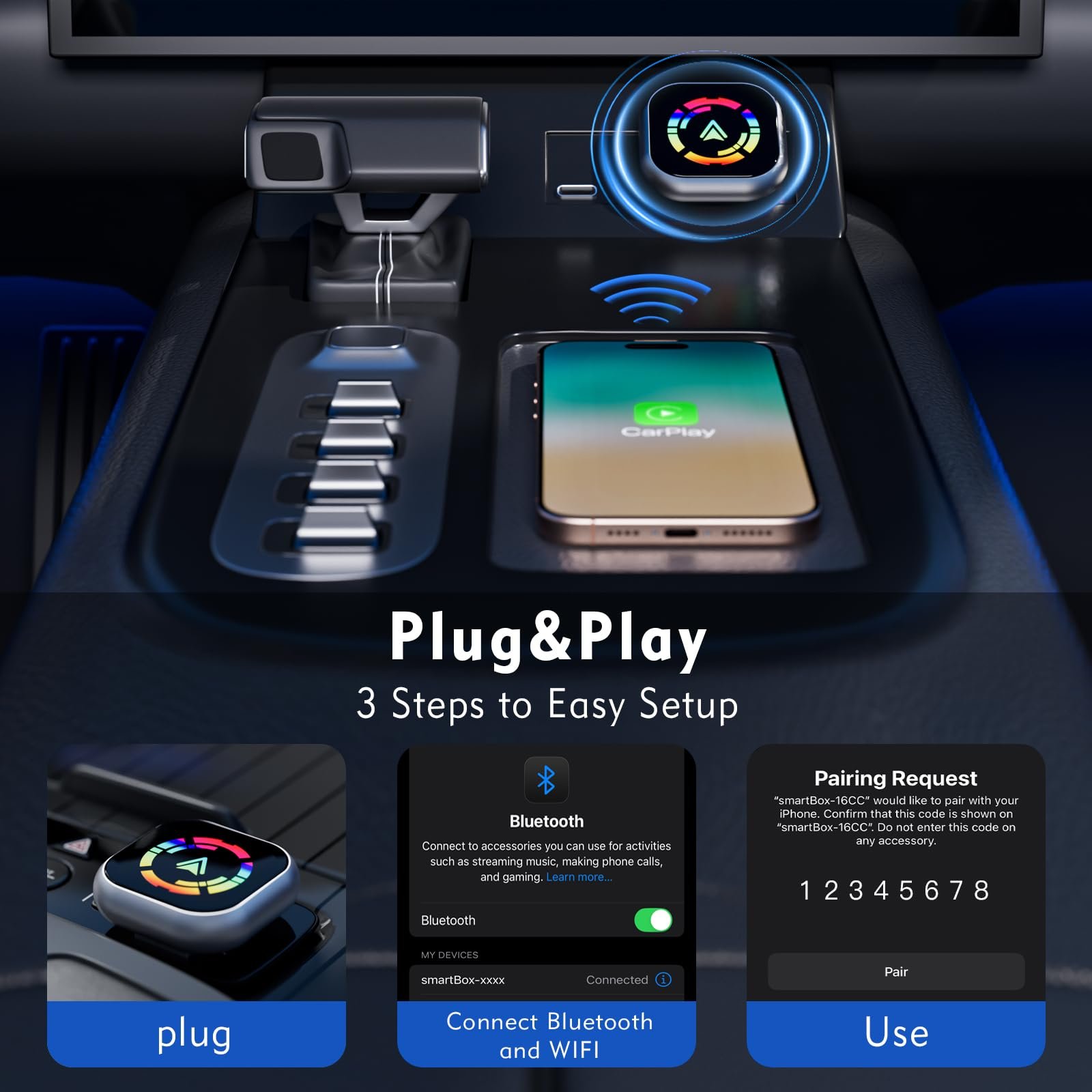Беспроводной адаптер Carplay 2-в-1 Android Car и Carplay, обновление до беспроводного CarPlay с USB/Type-C, Plug & Play, совместимый с iOS10+ Android11+ и автомобилями с 2016 года, фото №3