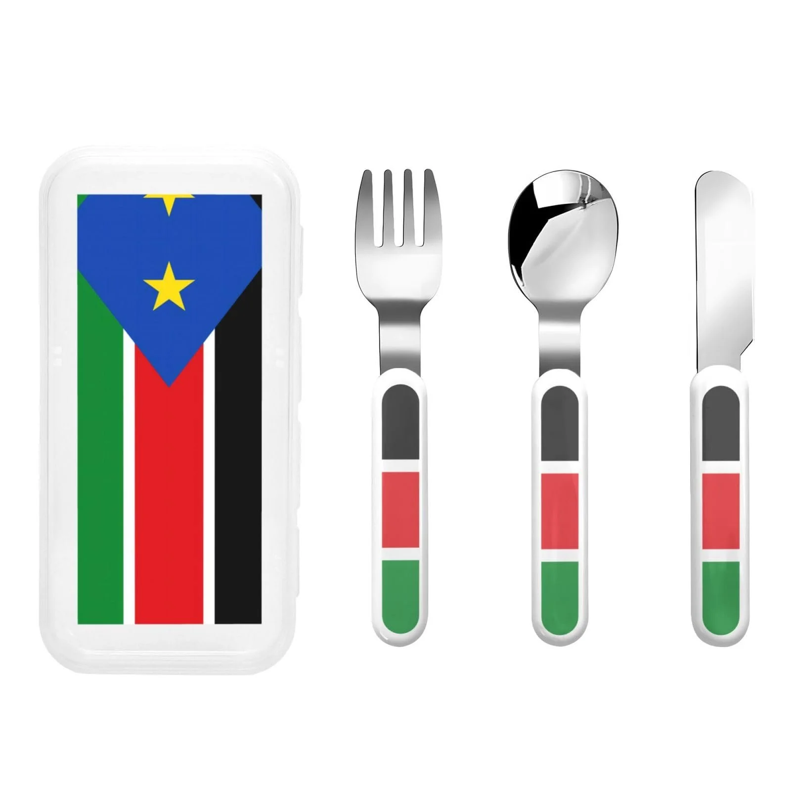 Дитячий набір столових приборів з трьох предметів Flag South Sudan з принтом багаторазовий, фото №1 Дитячий набір столових приборів з трьох предметів Flag South Sudan з принтом багаторазовий, фото №1