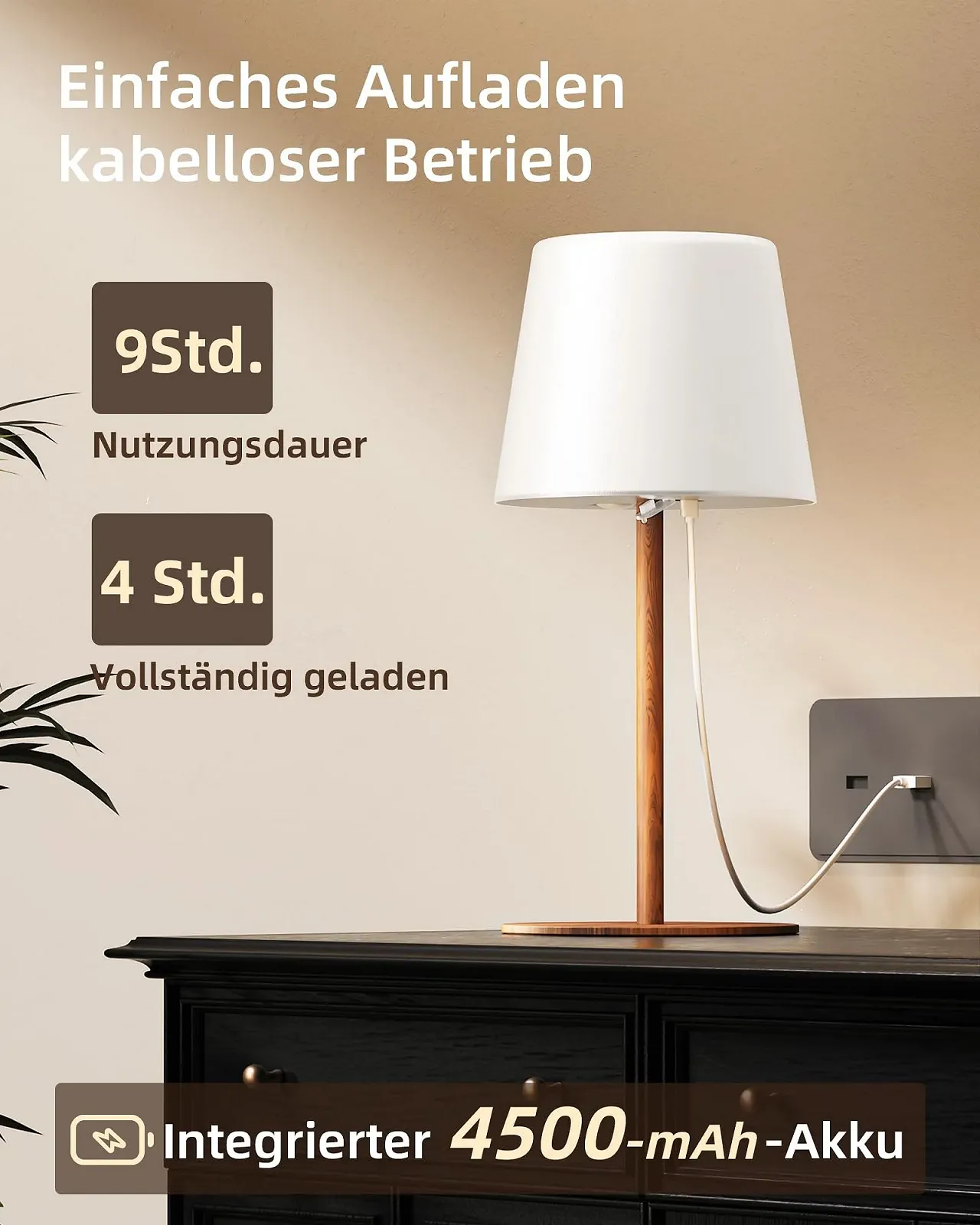 Настільні лампи EZVALO комплект 2 шт. світлодіодні бездротові IP65 USB-C Колір дерева, фото №8