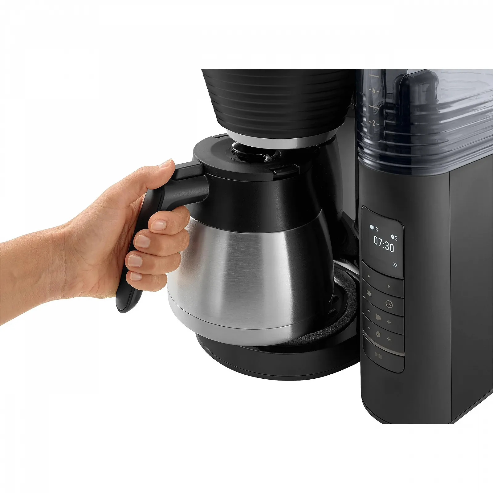 Кофемашина с кофемолкой Melitta AromaFresh Therm Pro X, с термокувшином и съемным резервуаром для воды, до 8 чашек кофе, черная, фото №3 Кофемашина с кофемолкой Melitta AromaFresh Therm Pro X, с термокувшином и съемным резервуаром для воды, до 8 чашек кофе, черная, фото №3