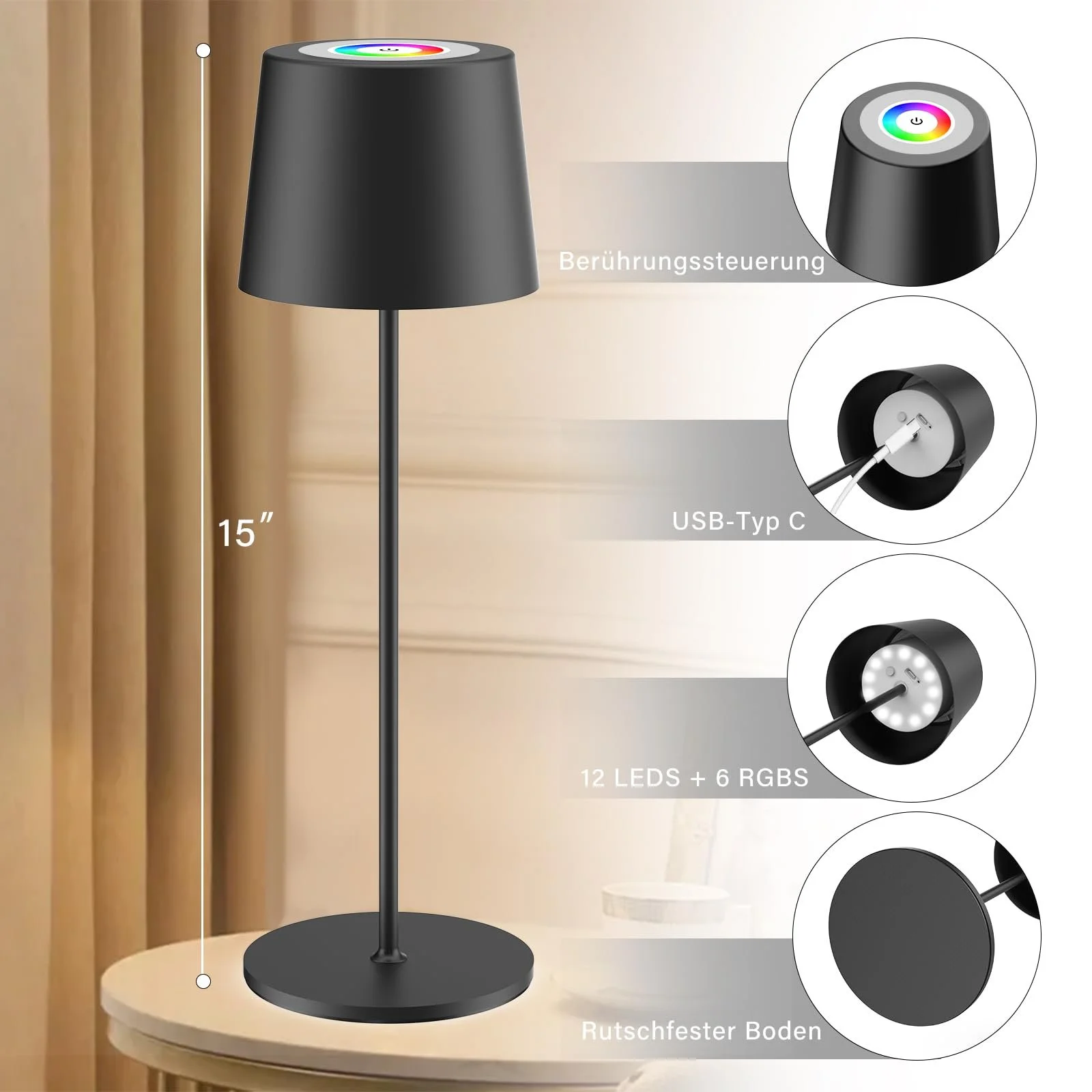 Настільна лампа Epicflare LED Бездротова Сенсорна Димування IP44 Метал 8 кольорів RGB, фото №4