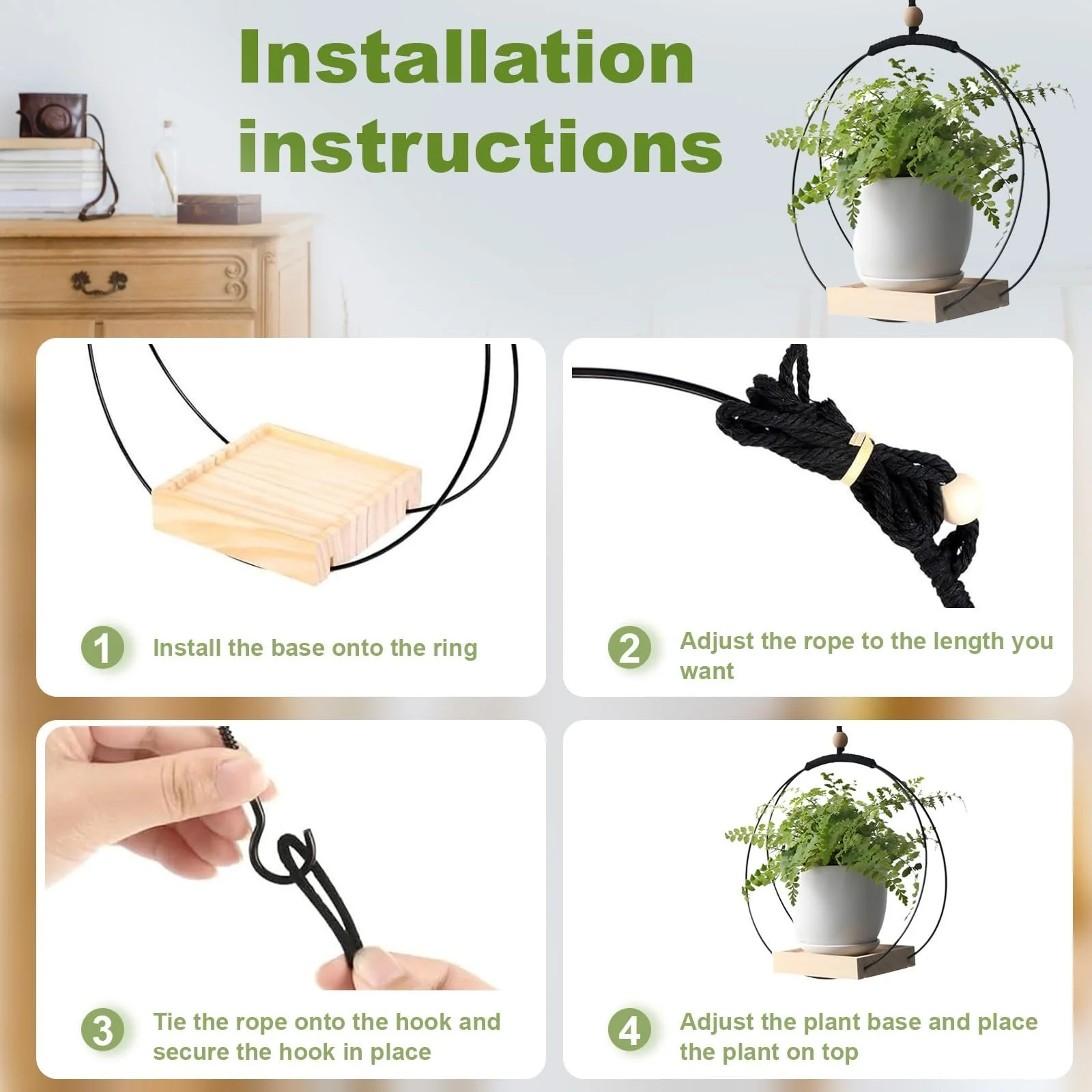 Подвесная корзина SI SEN Деревянное основание Металлический каркас Диаметр 30 см Крючок в комплекте, фото №4