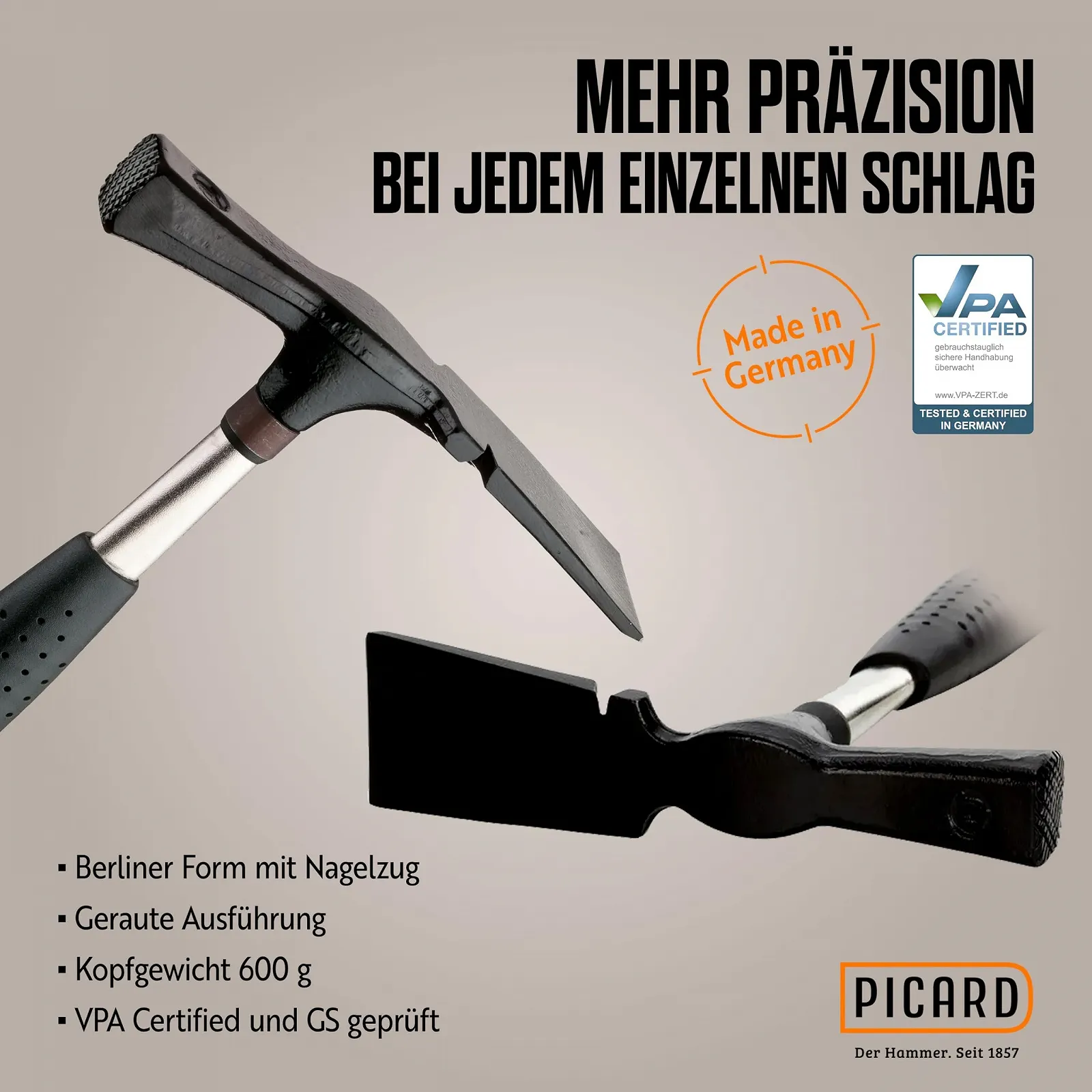 Молоток каменщика Picard 0027700 берлинского типа 600 г черный/серебристый, фото №3