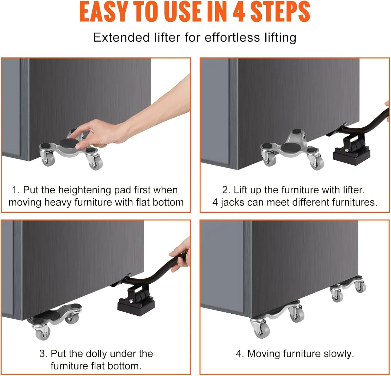 Набір меблевих візків-триног VEVOR JYS-135 / 4 шт. в комплекті / Загальна вантажопідйомність 114 кг / 360° поворотні колеса PP / Міцна вуглецева сталь / Сірі, фото №6 Набір меблевих візків-триног VEVOR JYS-135 / 4 шт. в комплекті / Загальна вантажопідйомність 114 кг / 360° поворотні колеса PP / Міцна вуглецева сталь / Сірі, фото №6