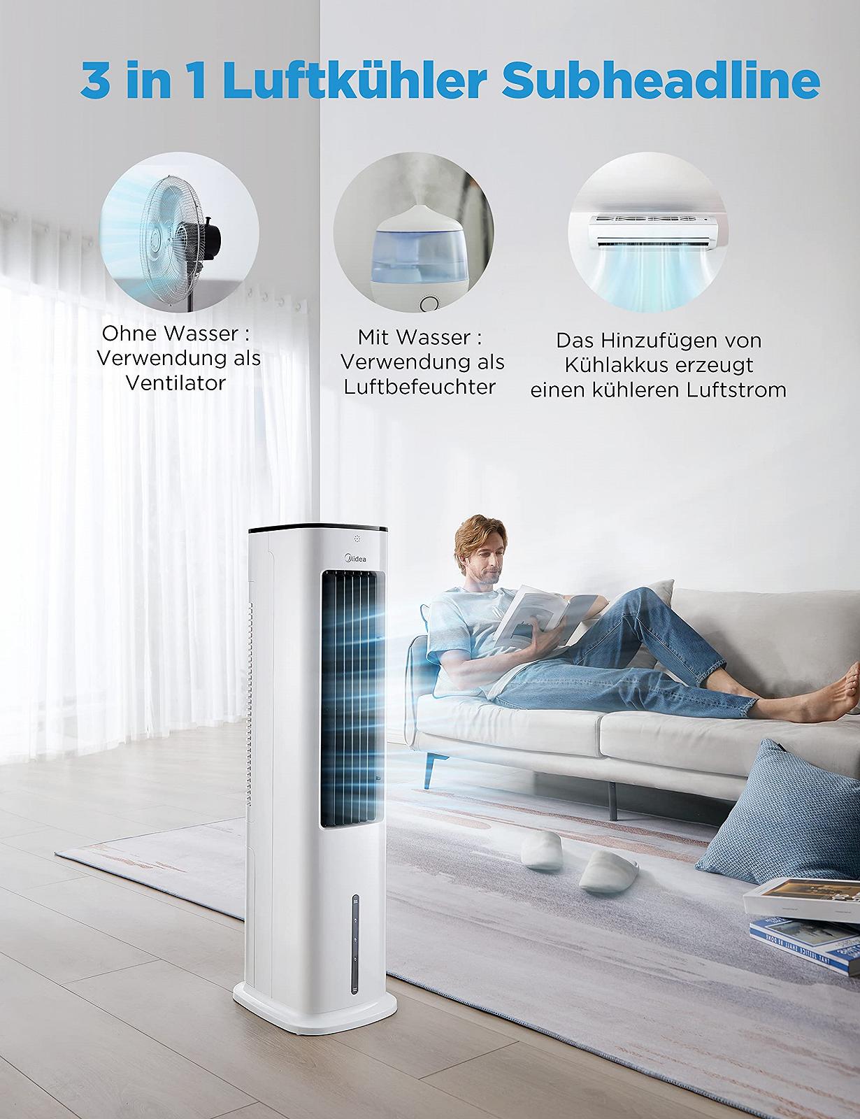 Охолоджувач повітря Midea 4-в-1 з водяним охолодженням та москітна сітка EASYmaxx Magic Click 150x130 см, фото №3