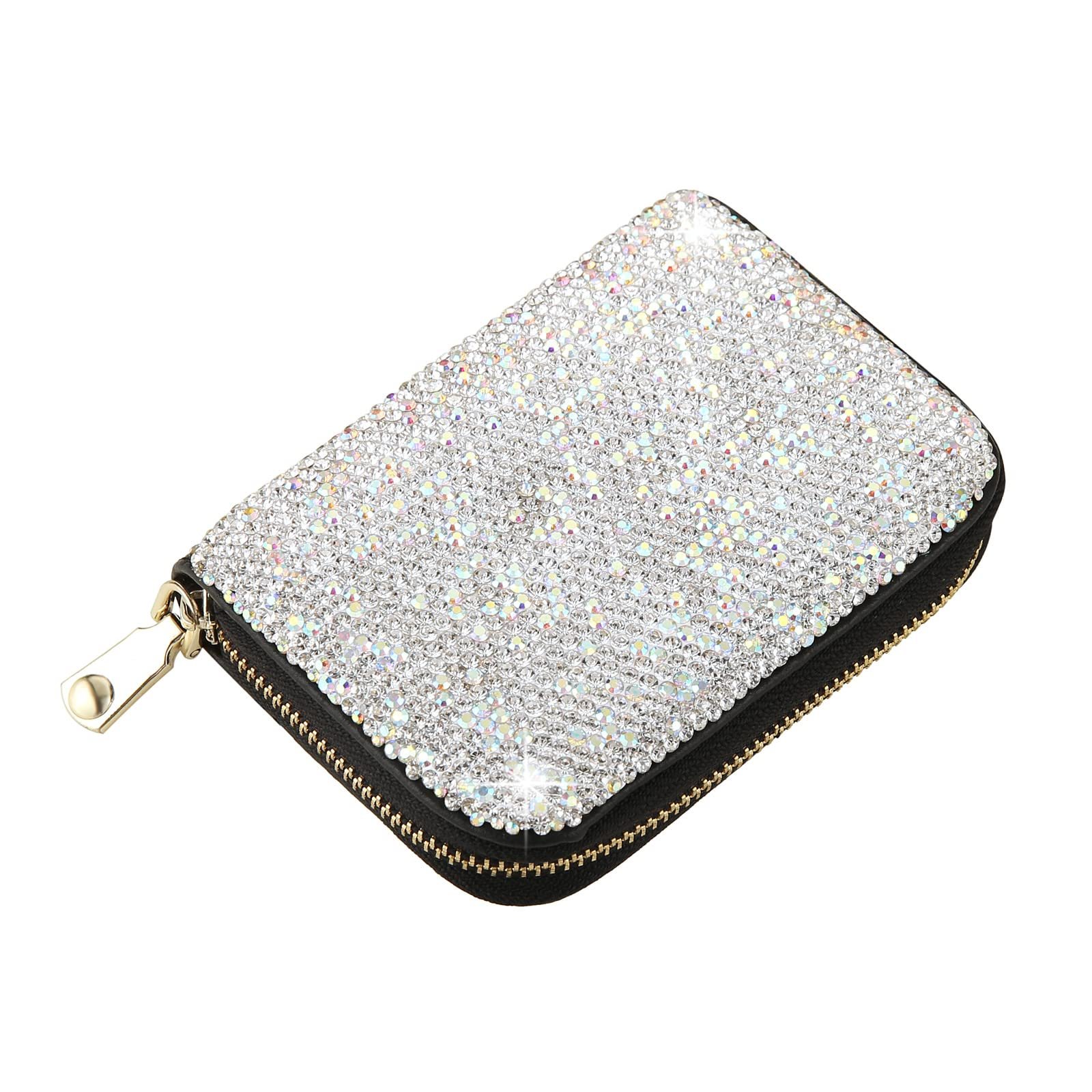 Картхолдер AsAlways Rhinestone для кредитных карт для женщин, с RFID-защитой, тонкий кожаный кошелек на молнии, серебристый, Modern, серебристый, фото №1
