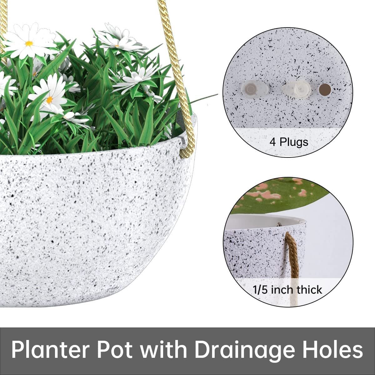 Підвісні квіткові вазони LATERN 25 см 2 Pack Білий з вкрапленнями з дренажними отворами, фото №3