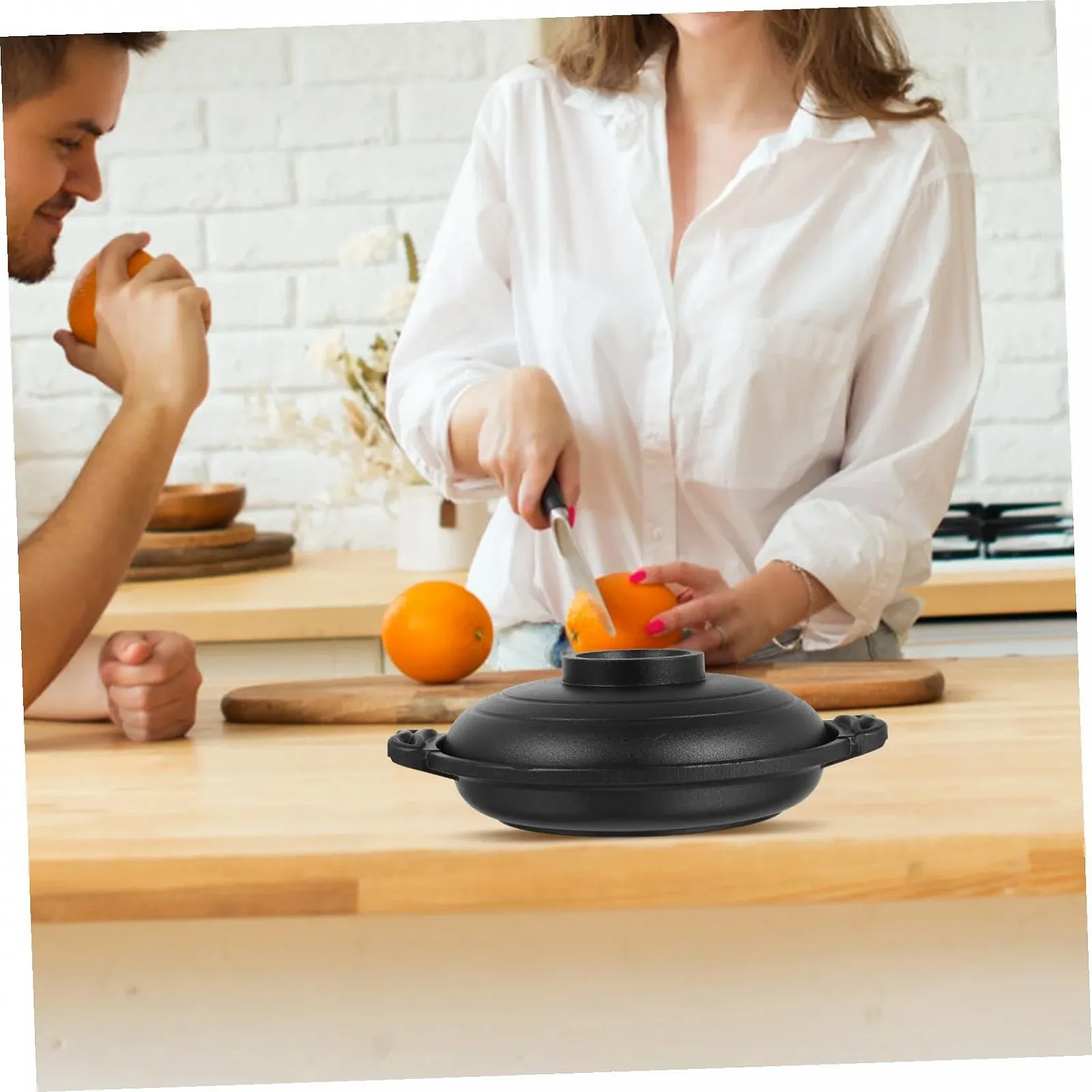 Кастрюля керамическая с антипригарным покрытием термостойкая для индукционных плит и открытого огня с двойной ручкой, фото №7