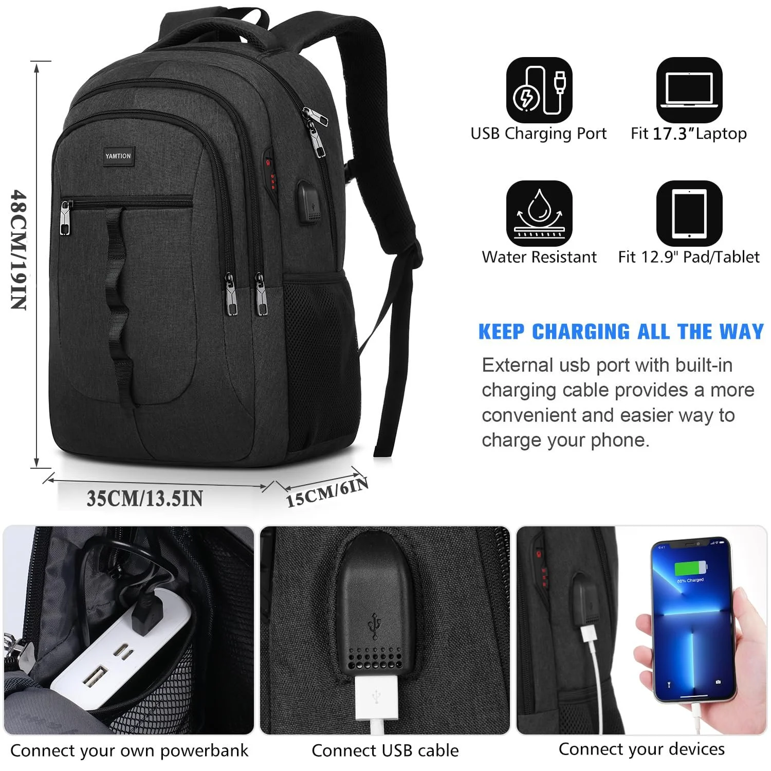 Рюкзак для ноутбука YAMTION 17.3" USB Чорний, фото №7 Рюкзак для ноутбука YAMTION 17.3" USB Чорний, фото №7