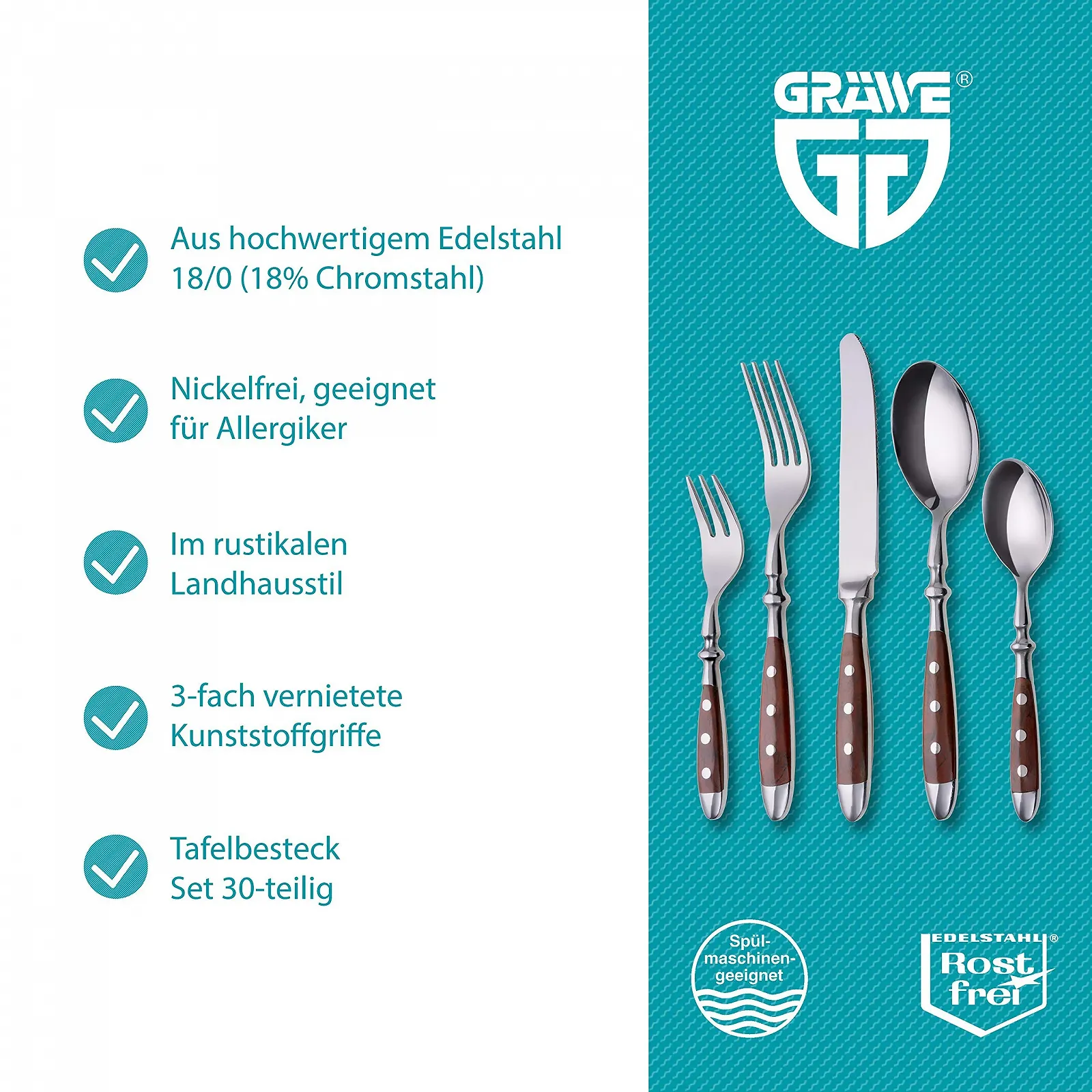 Набір столових приборів GRÄWE Nuremberg для 6 осіб, нержавіюча сталь, важкий, з коричневими ручками, фото №2