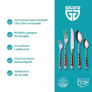 Набор столовых приборов GRÄWE Nuremberg на 6 персон, нержавеющая сталь, тяжелый, деревенский набор столовых приборов, 30 предметов, кованые столовые приборы с коричневыми ручками synthetic.ua - Фото 1
