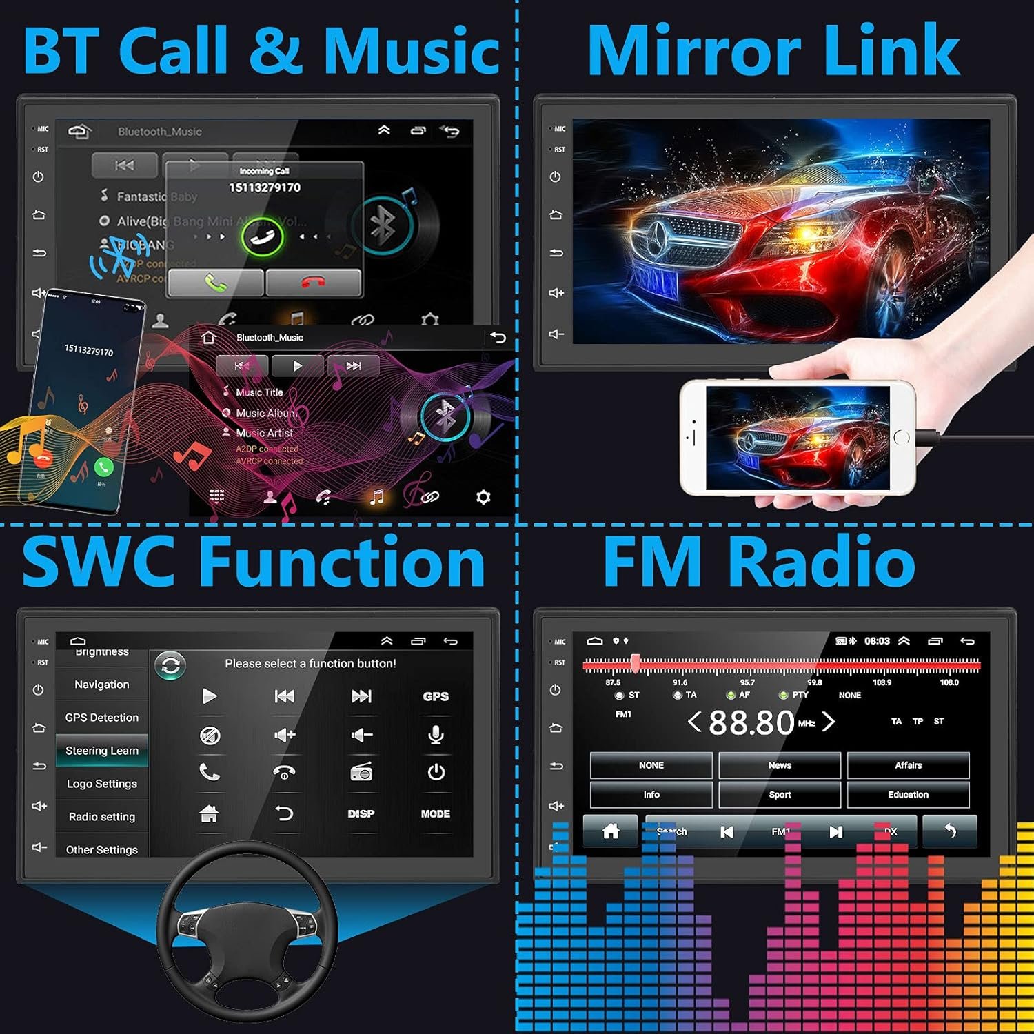 Автомагнітола Podofo A2878MIA3F3 / 7" / Сенсорна / Bluetooth / WI-FI / GPS / AI / USB / 2DIN, фото №5