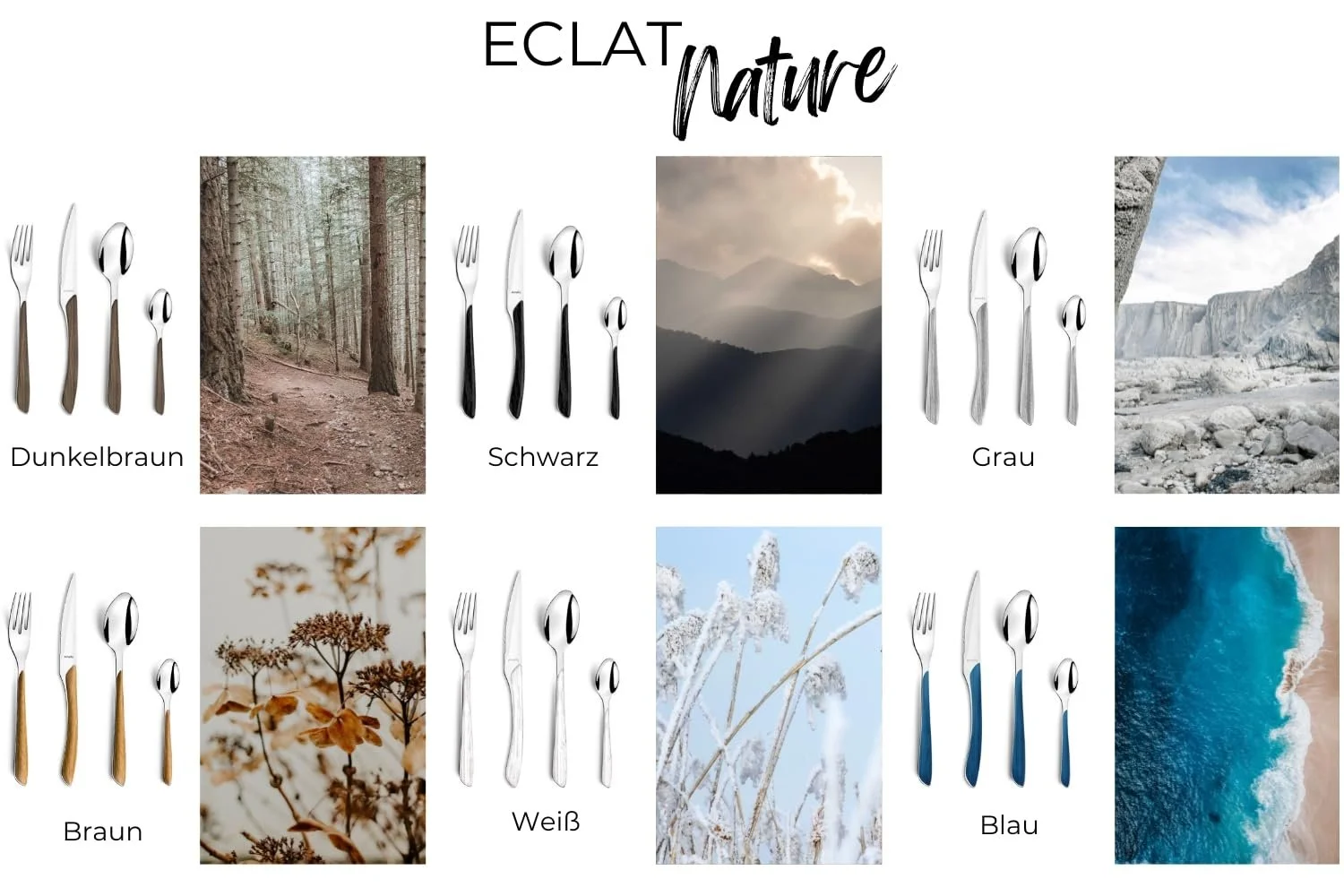 Набір столових приборів Amefa Eclat Nature Коричневий, 24 предмети на 6 персон, нержавіюча сталь, ручки з пластику з імітацією дерева, можна мити в посудомийній машині, фото №4 Набір столових приборів Amefa Eclat Nature Коричневий, 24 предмети на 6 персон, нержавіюча сталь, ручки з пластику з імітацією дерева, можна мити в посудомийній машині, фото №4