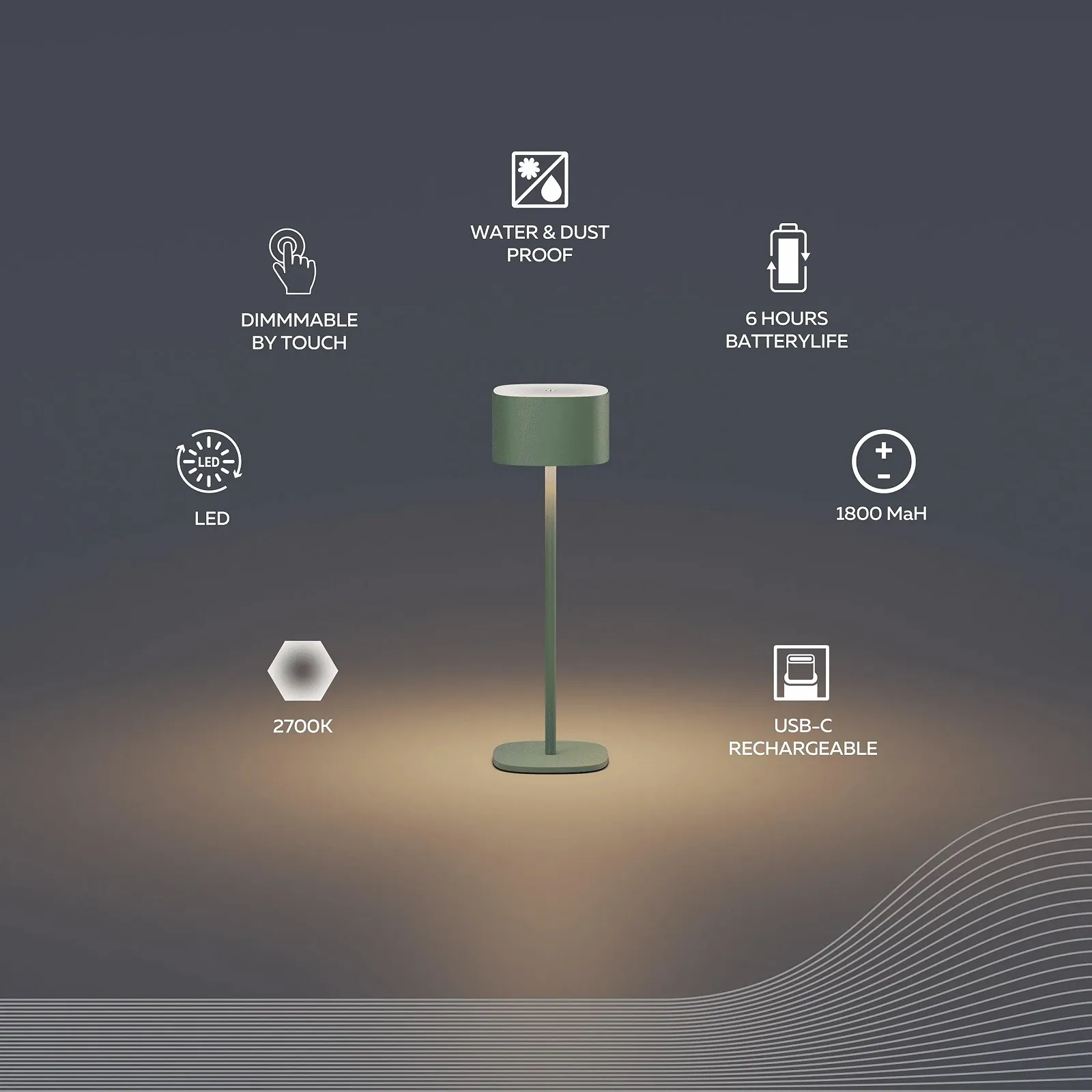 Настільна лампа CALEX Serino акумуляторна бездротова димована тепла біла водонепроникна алюмінієва Зелена, фото №2