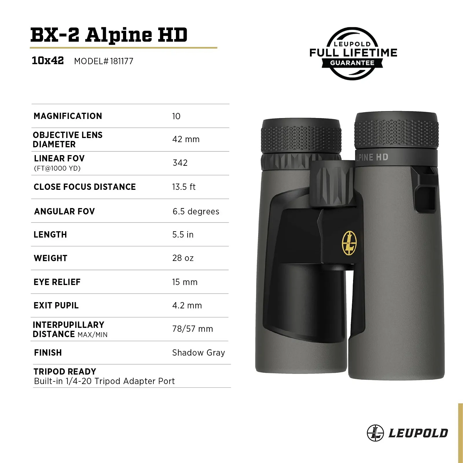 Бінокль Leupold BX-2 Alpine HD 181177 10x42mm Тіньовий сірий, фото №4