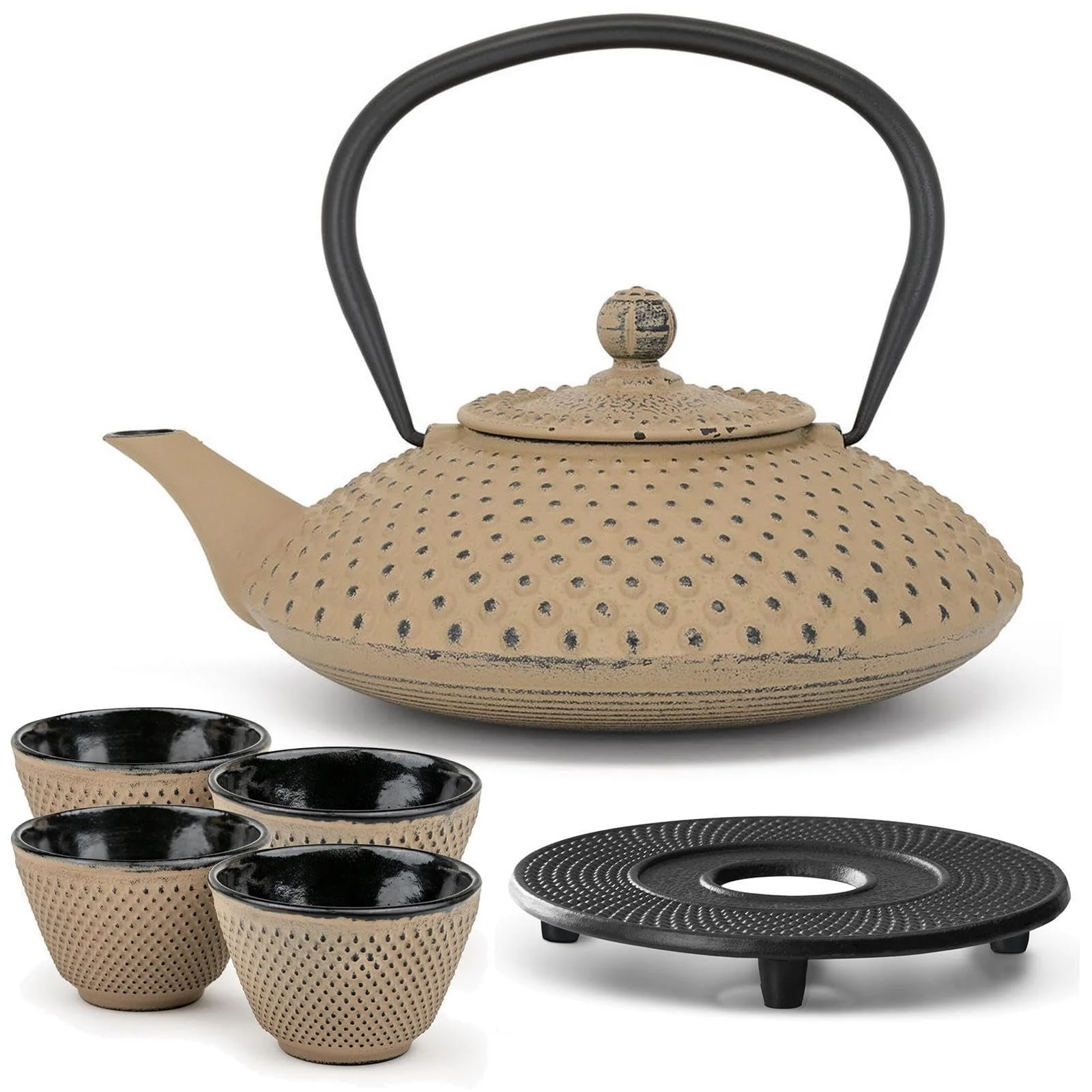 Чайник-заварник Bredemeijer Чавунний набір Flat Asia Чавунний глечик, 1.25 літра, Пісочний колір з 4 чайними чашками та підставками та чайним фільтром, фото №1