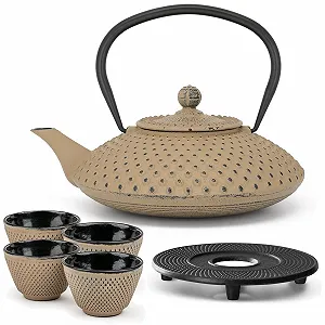 Чайник-заварник Bredemeijer Чавунний набір Flat Asia Чавунний глечик, 1.25 літра, Пісочний колір з 4 чайними чашками та підставками та чайним фільтром - Фото 1