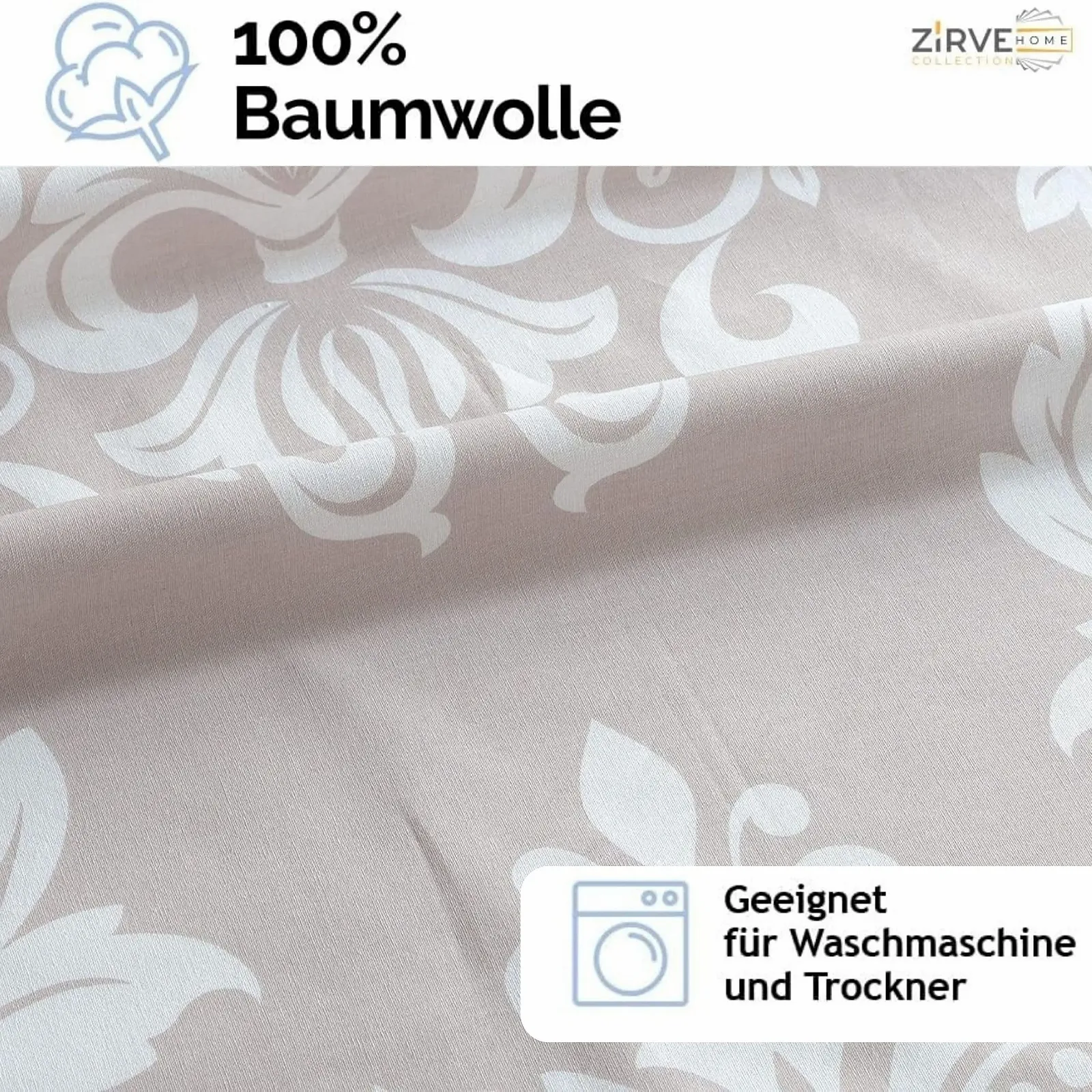 Постільна білизна Zirvehome 135 x 200 см комплект із 2 предметів бавовна/Renforcé на блискавці білий бароковий візерунок бежевий Sade V2, фото №3