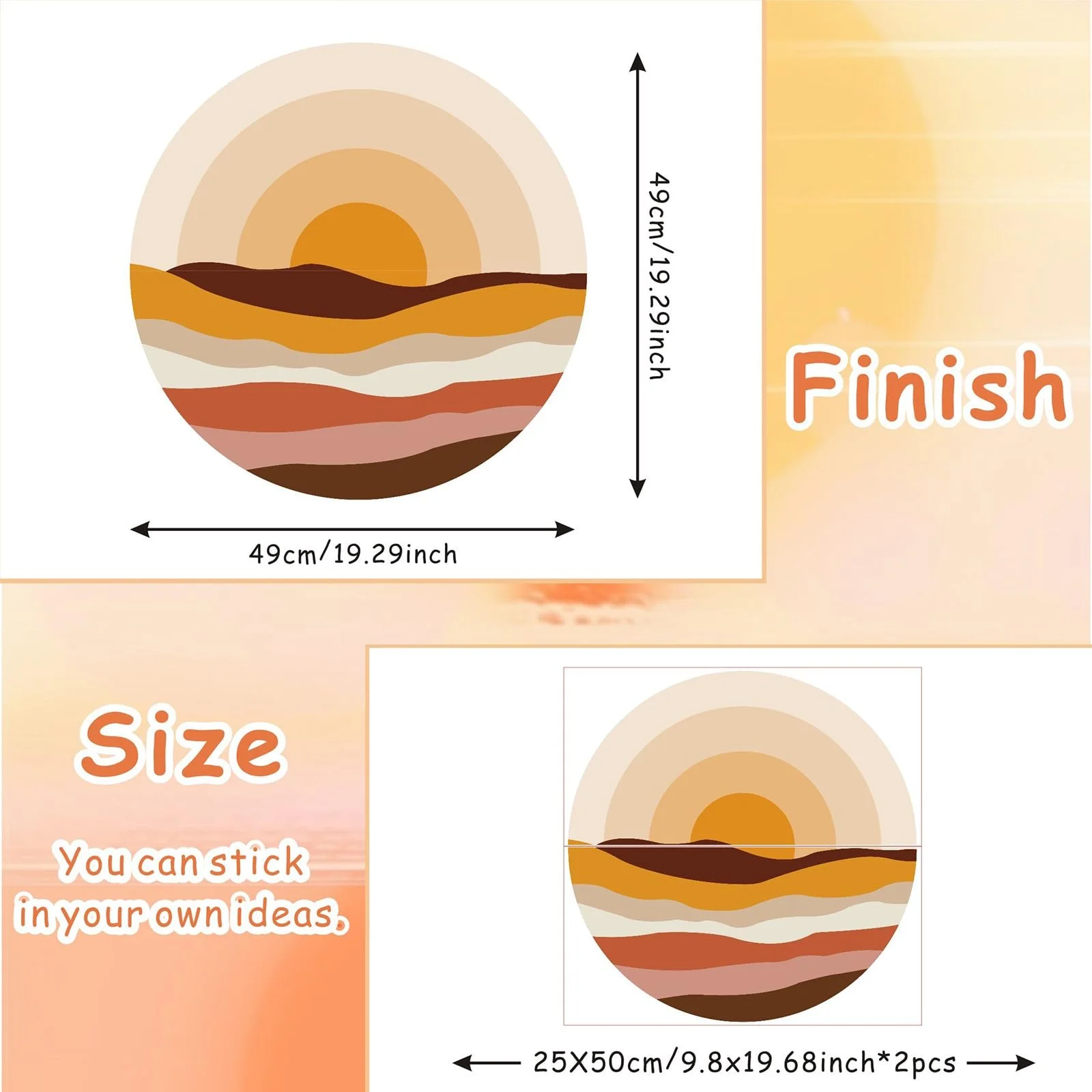 Наклейка на стіну TOARTI Boho Decoration Orange Sun Circles Hills, фото №6