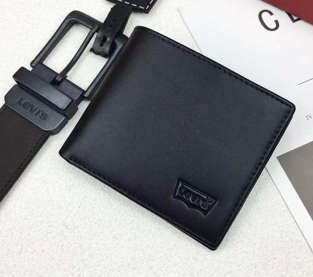 Чоловічий подарунковий набір шкірний кишені і пояс з натуральної шкіри чорний Левіс, фото №5