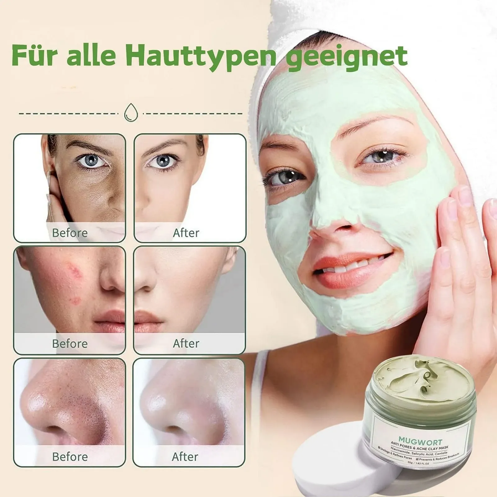 Маска Глибокого Очищення з Зеленим Чаєм, Маска для обличчя для видалення чорних цяток, фото №3