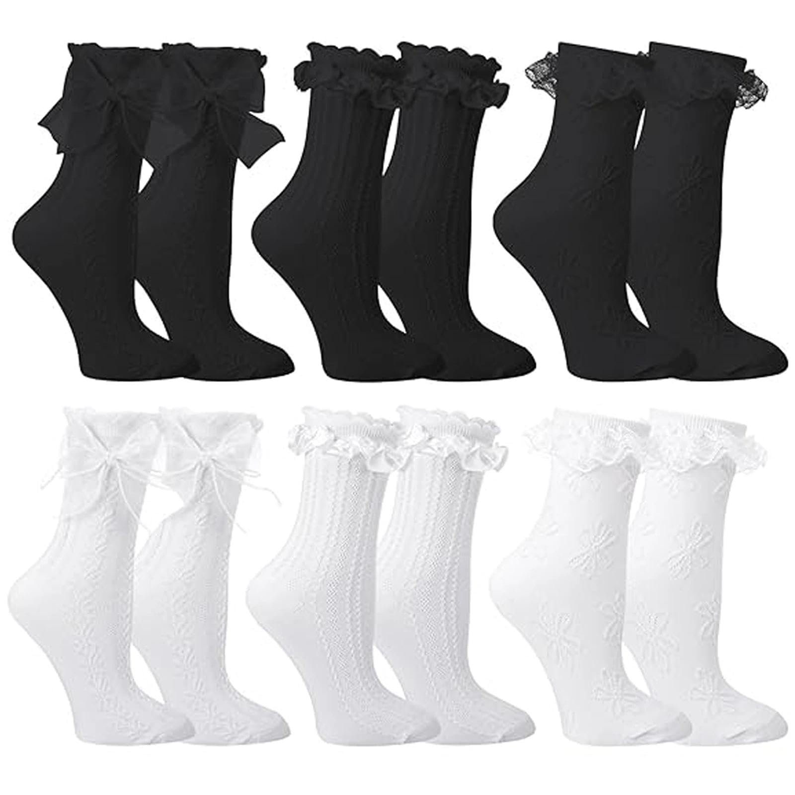 Носки с рюшами Женские - 6 пар - Милые носки до щиколотки с кружевом и бантом из хлопка - Черно-белые дышащие балетные носки принцессы для девочек и женщин, фото №1